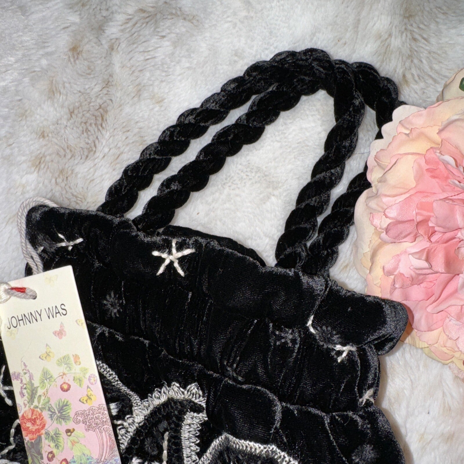 Johnny Was Black Velvet Embroidered Hobo Bag Tote Purse Pink Roses & Paisley Johnny Was