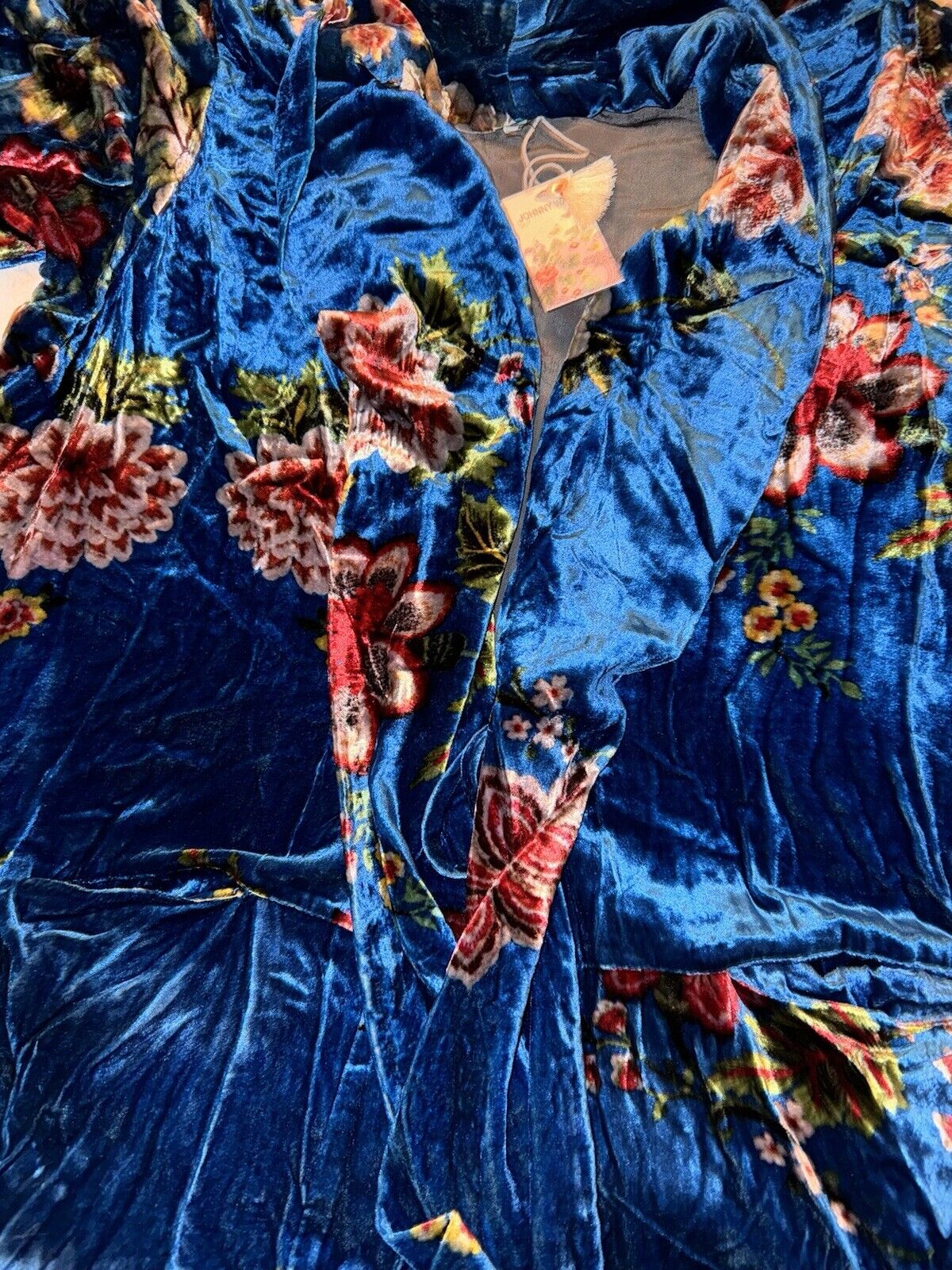 Johnny Was XL Blue Floral Velvet Kimono Wrap Jacket Duster Gorgeous Colors