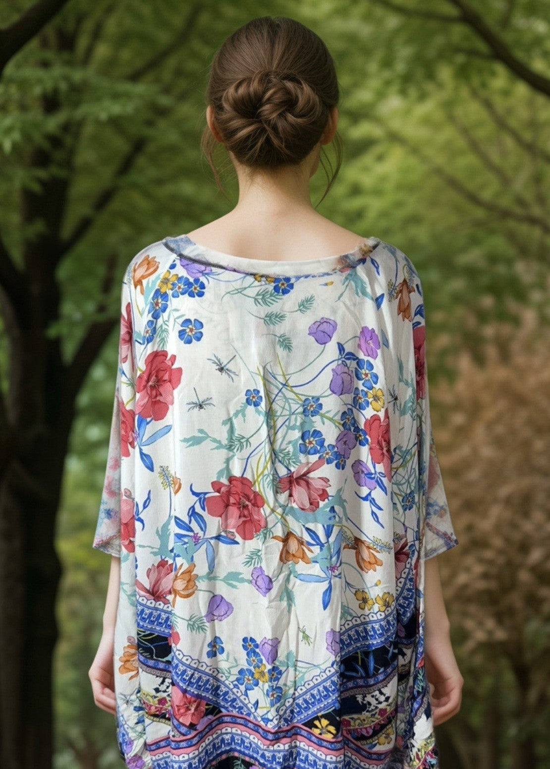 Johnny Was 1X Peasant Blouse Silky Floral Tunic Top Lightweight Cool White BOHO Johnny Was