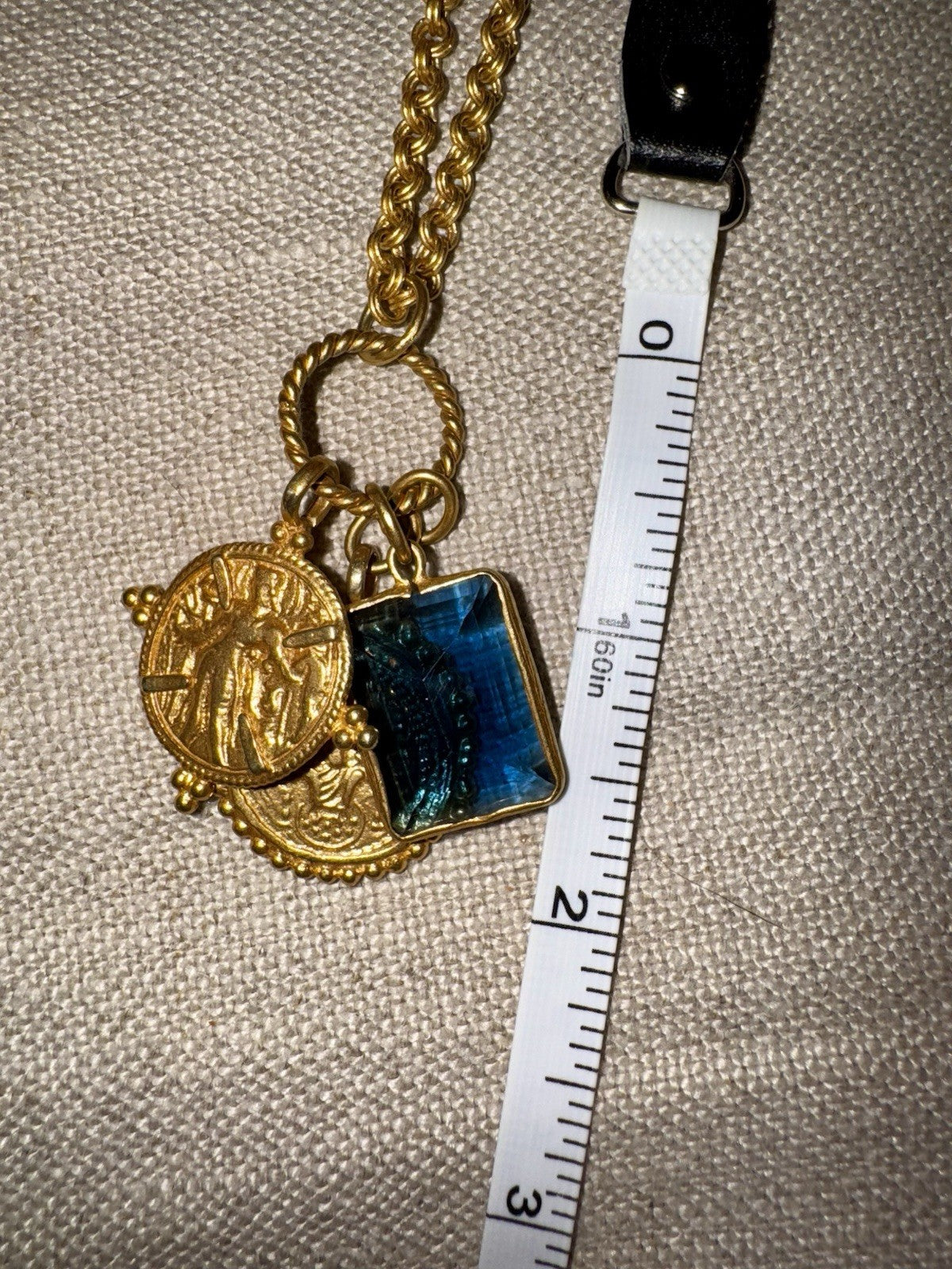 Julie Vos Necklace Sapphire Blue Glass & Gold Coin Pendant 24k Plated RETIRED Julie Vos