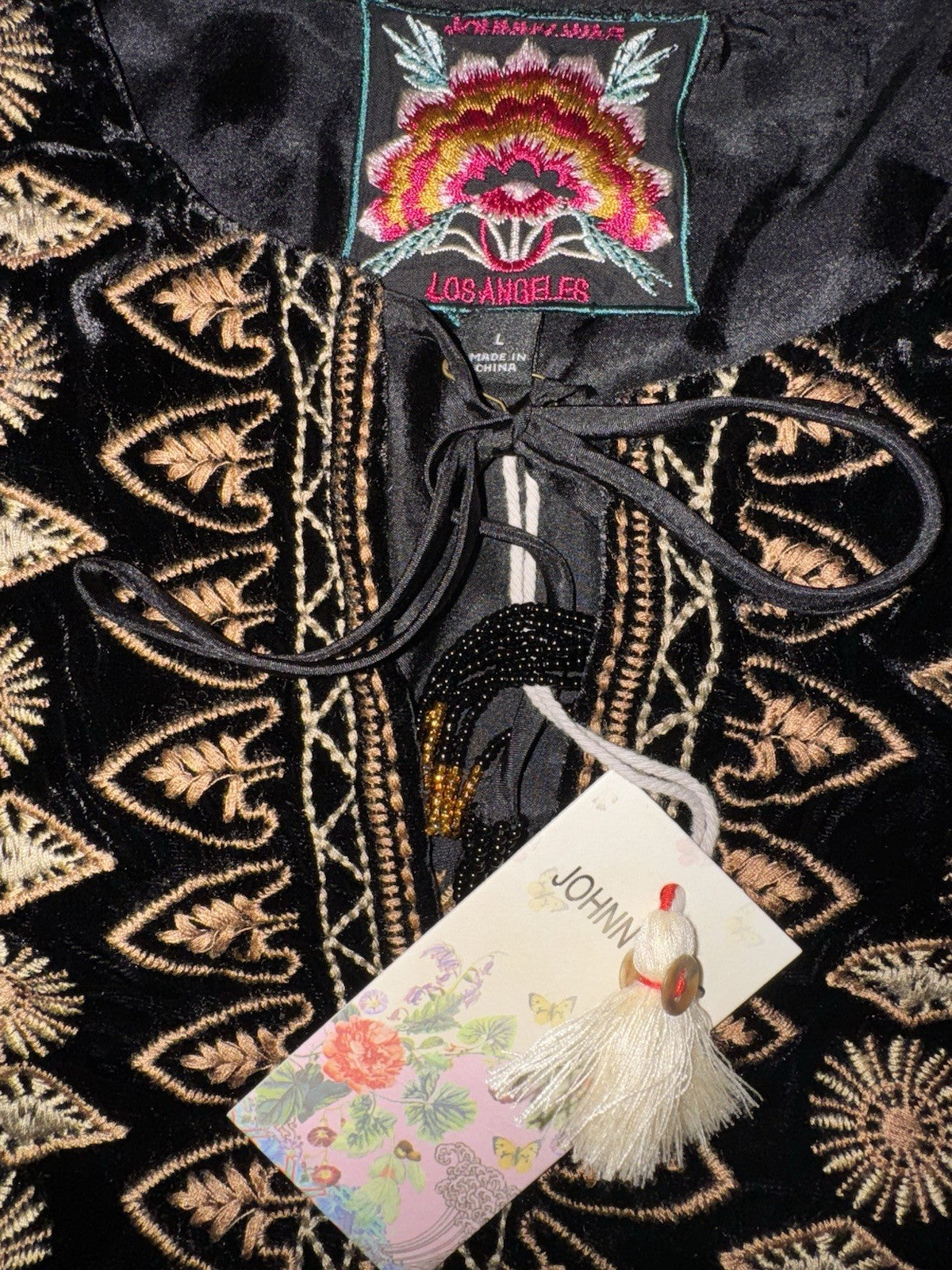 Johnny Was Large Black & Gold Velvet Shift Mini Dress Tunic Top $528 Retail Johnny Was