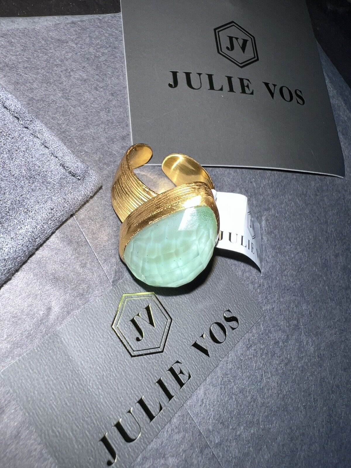 NEW Julie Vos Statement Ring Aspen In Iridescent Light Green Sz 7 ADJUSTABLE NWT