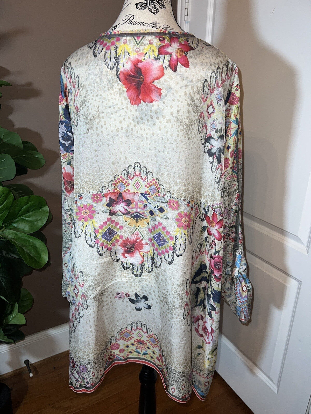 Johnny Was 2X Tunic Top Blouse 100% Silk Soft & Flowy Shirt  Long Sleeve BOHO Johnny Was