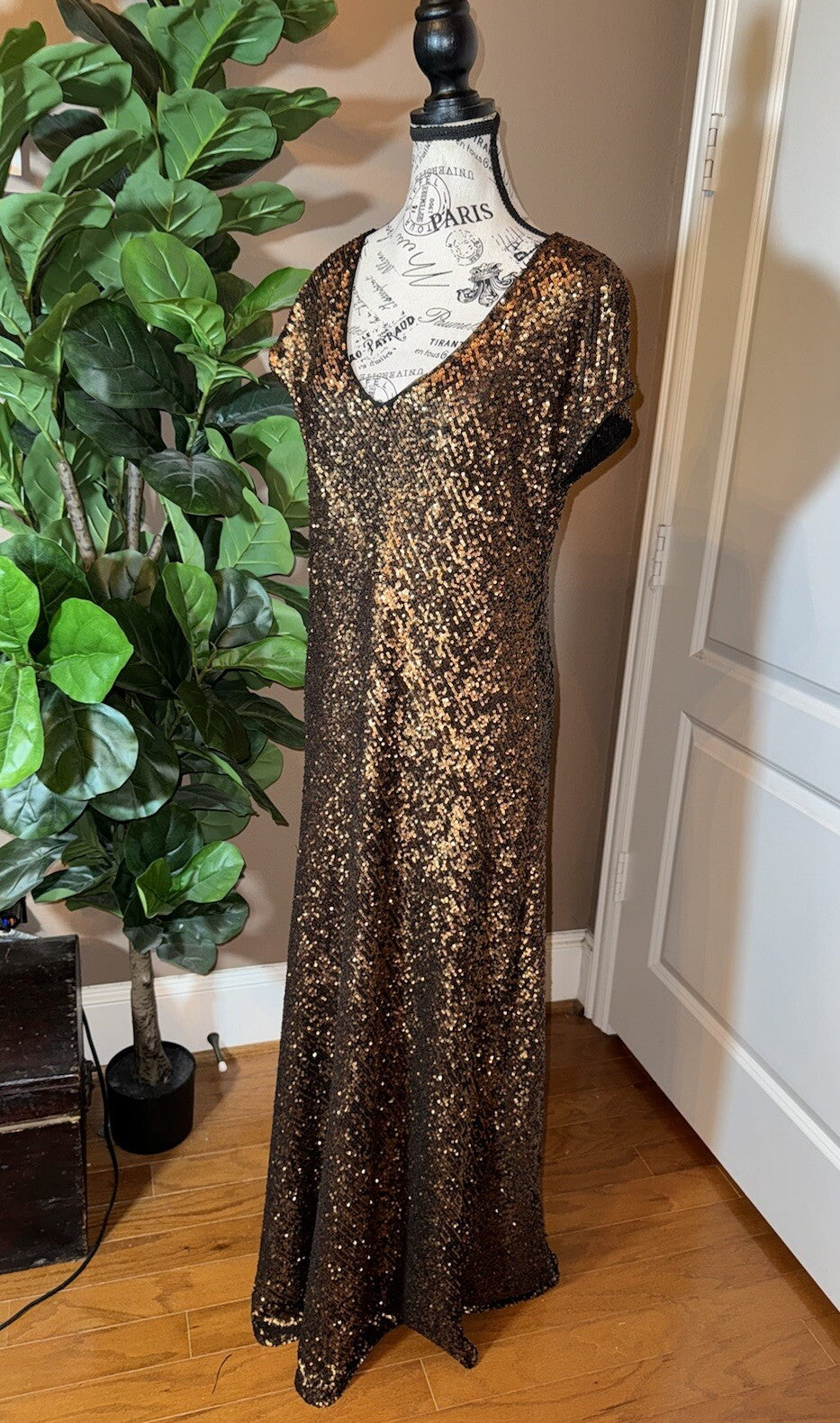 Johnny Was Gold L Large Sequin Maxi Dress Long Flowy Mesh Slip Sequins Party Johnny Was