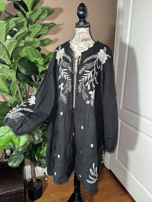 Johnny Was 3X 3XL Black Embroidered Mini Dress Baby Doll Top Birds & Flowers