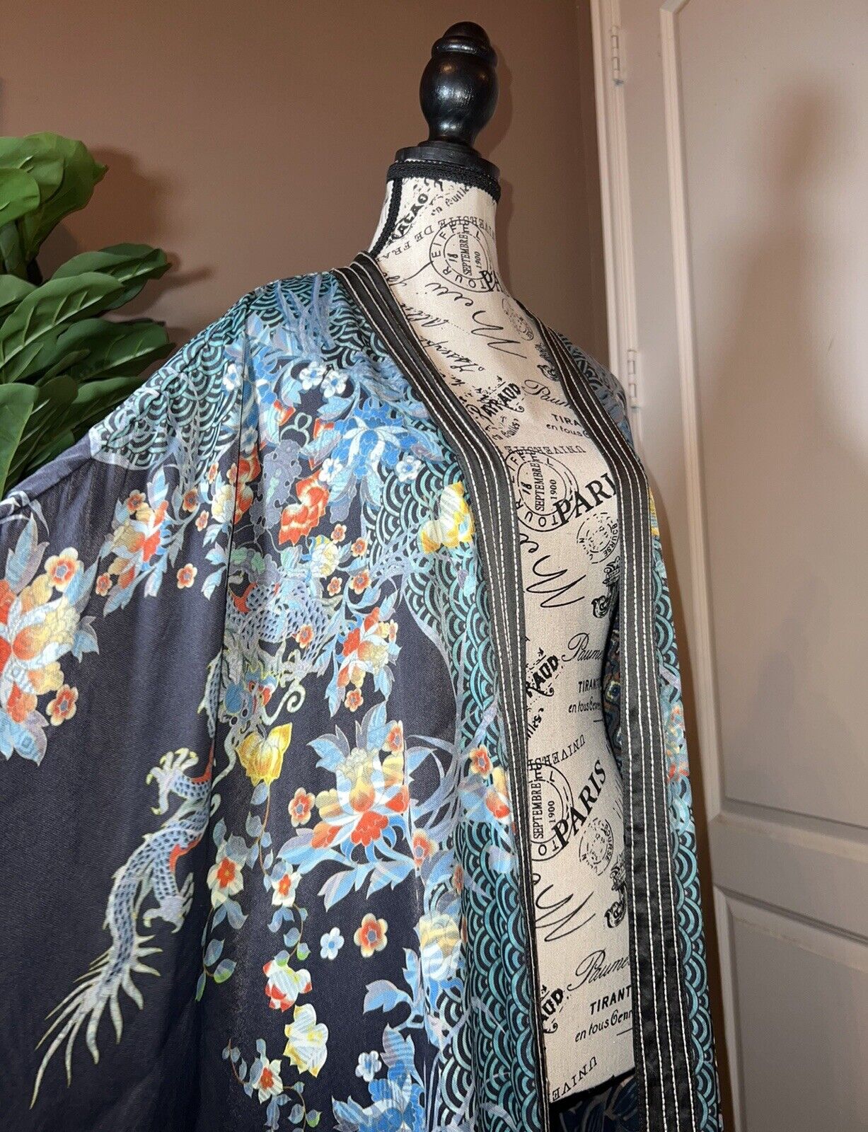 Johnny Was XXL Kimono Duster REVERSIBLE Wrap Cardigan Jacket Dragon Blues