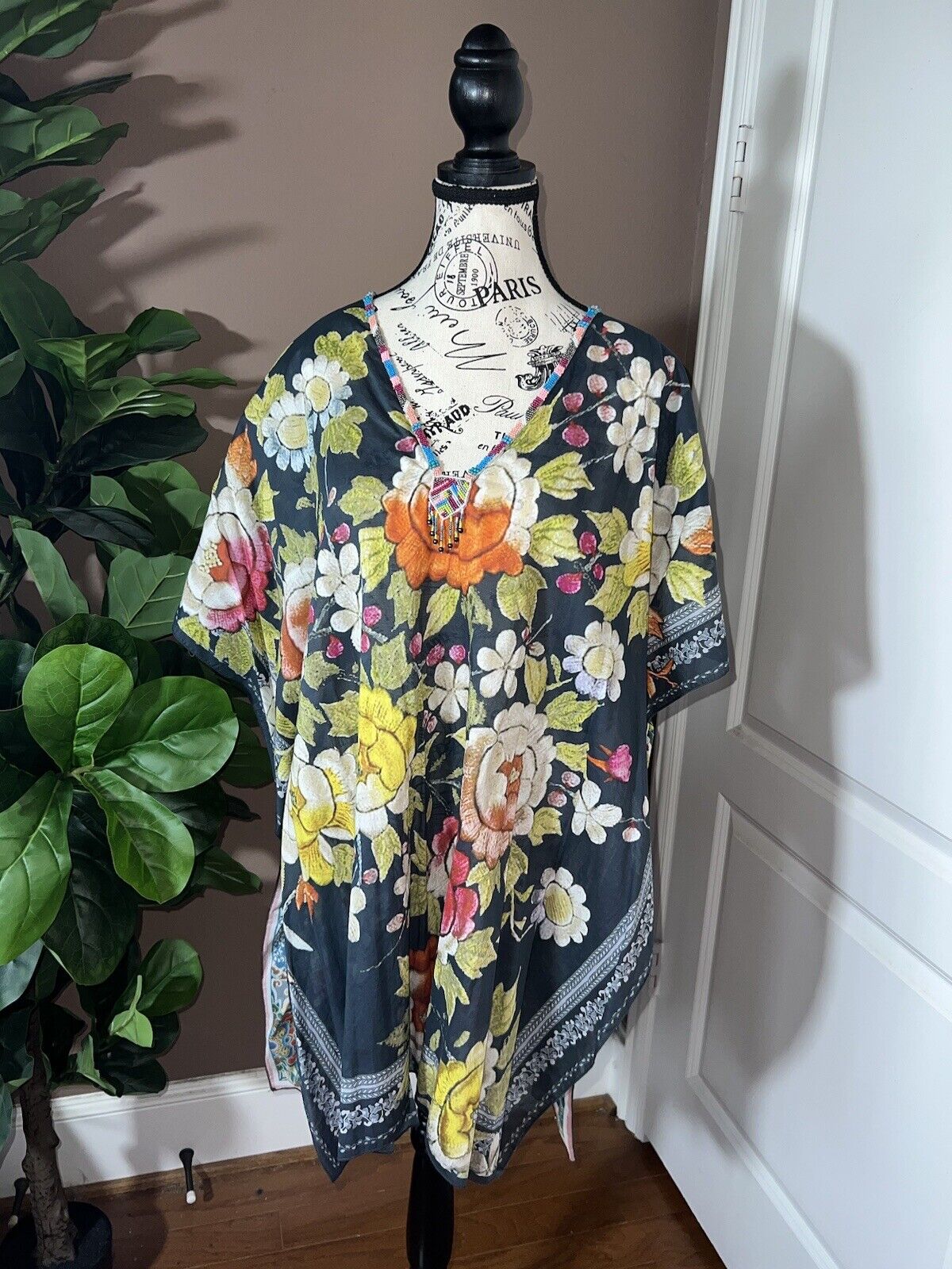 Johnny Was O/S Kimono Wrap Top Cover Up Beautiful Back & Beading Summer One Size