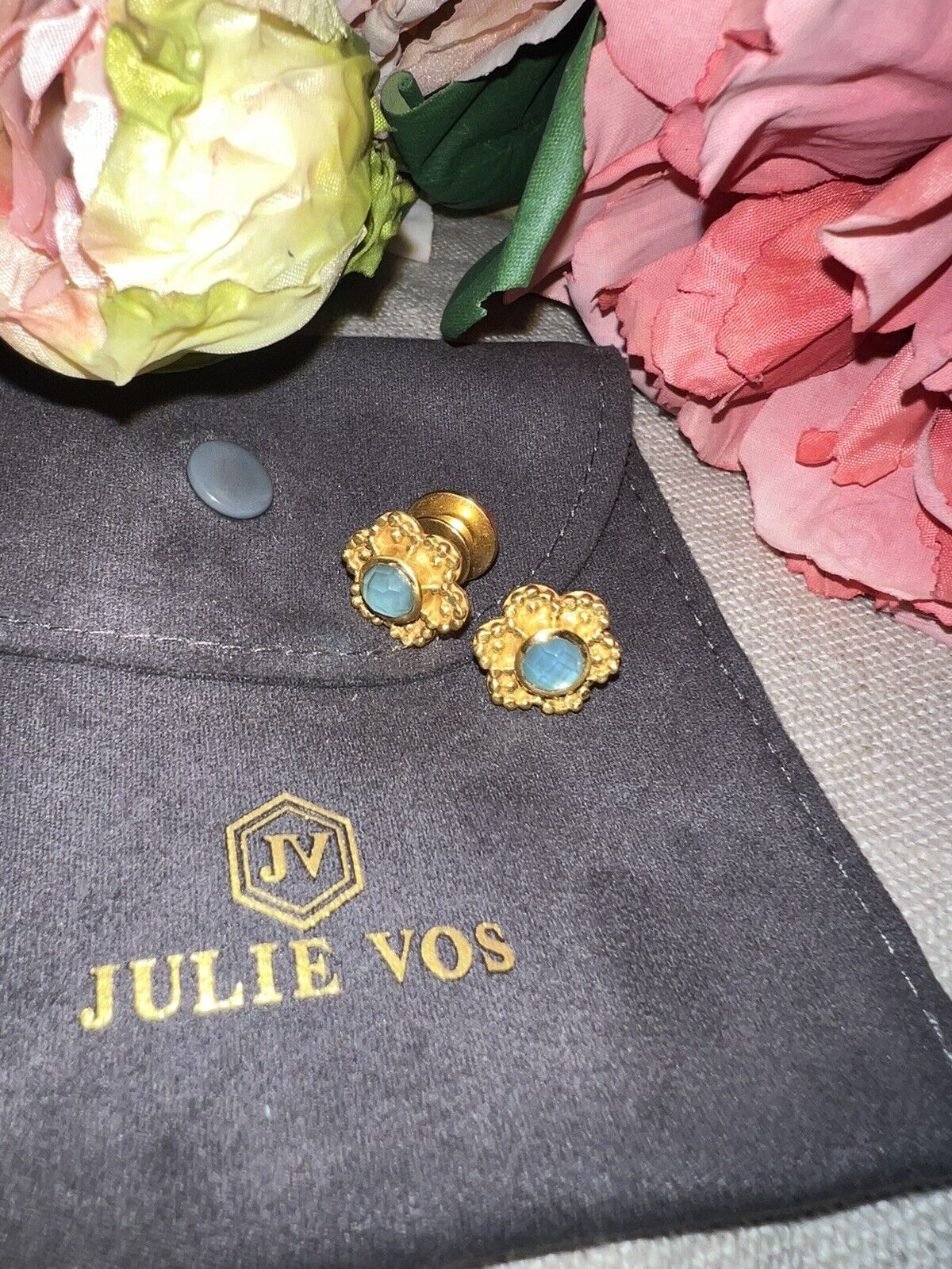 Julie Vos Iridescent Blue Stud Flower Earrings 24k Gold Plated   CLASSIC