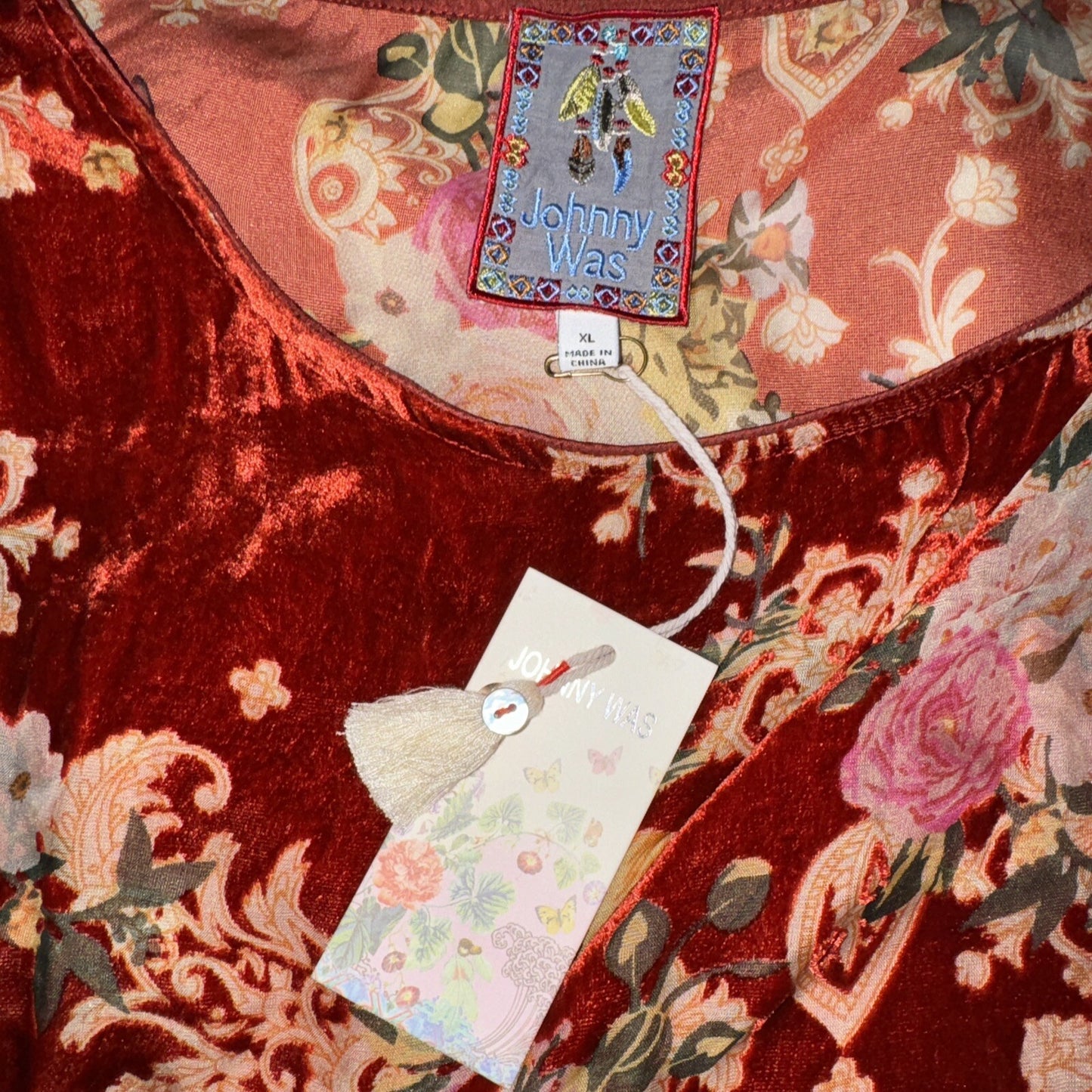 Johnny Was XL Red Burnout Velvet & Silk Tunic Top Peasant Blouse Shirt Johnny Was