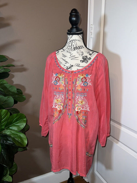 Johnny Was Sz XL Silky Soft Barbie Hot Pink Tunic Top Floral Embroidery SPRING