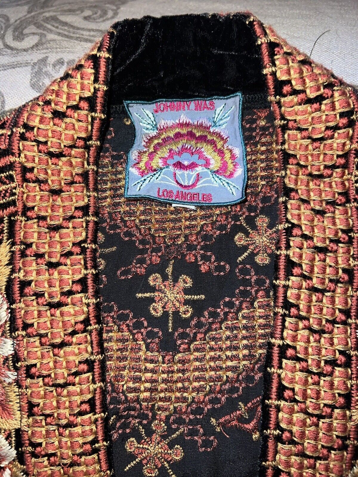 Johnny Was Black Velvet Embroidered Kimono Wrap Sz 1XL 1X XL Floral STUNNING