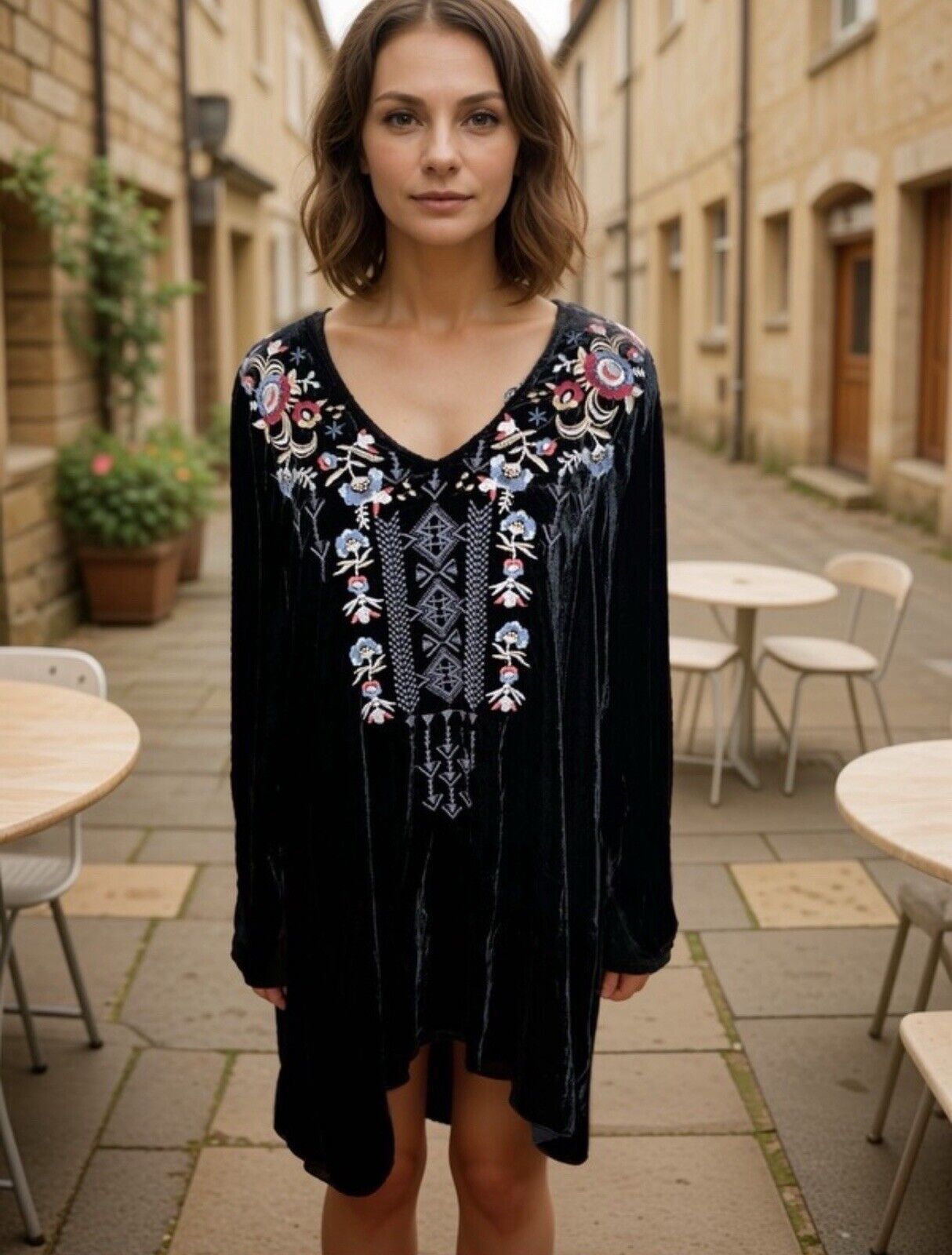 Johnny Was 3X 3XL Black Velvet Embroidered Tunic Top Long Sleeve Blouse Shirt