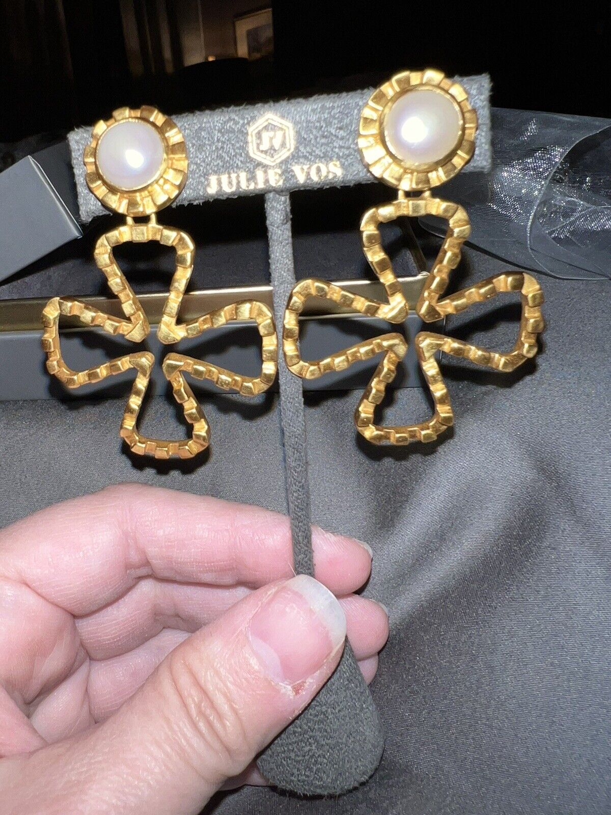 Julie Vos 24k Gold Plate & Pearl Cross Statement Earrings WOW