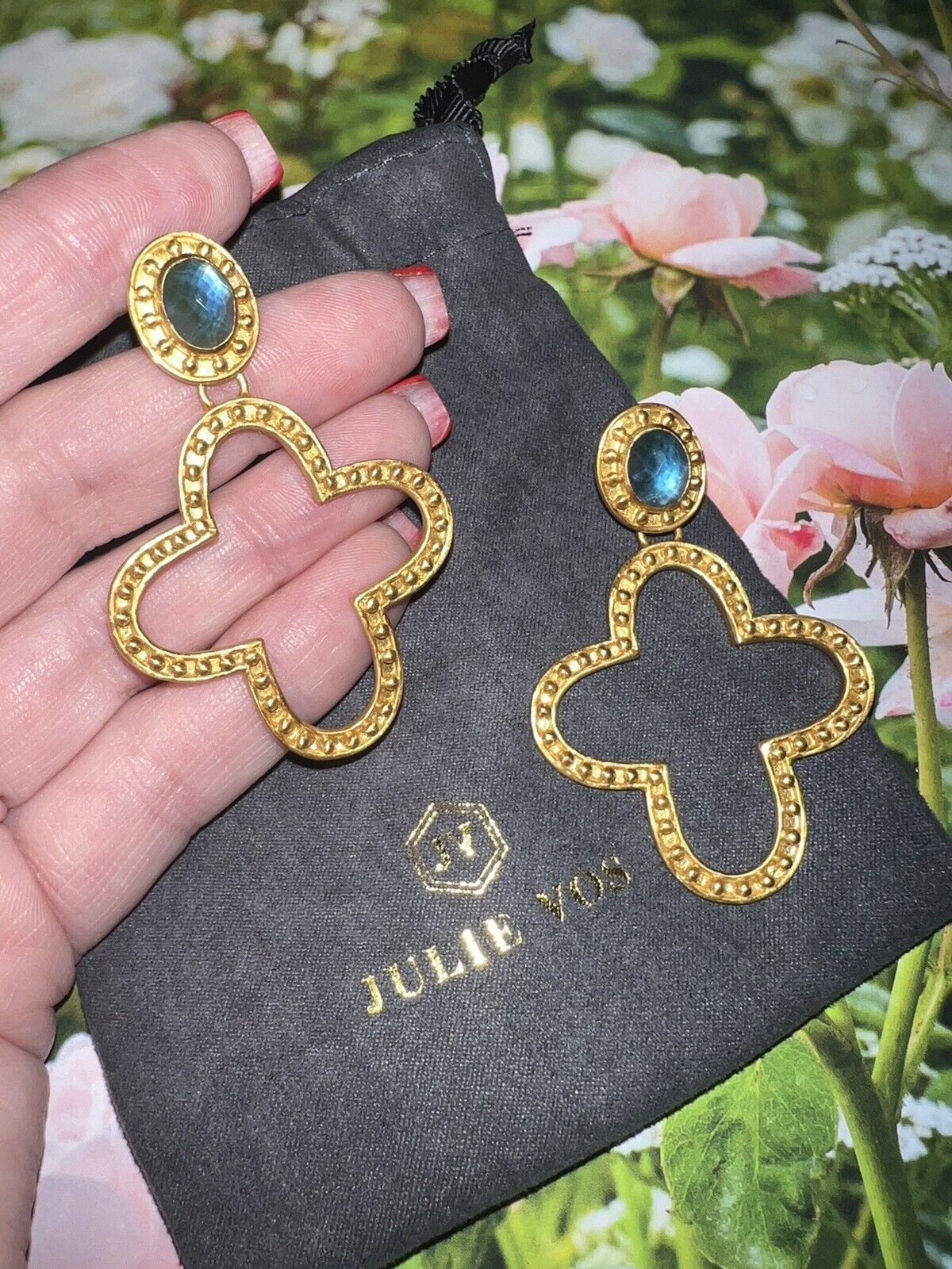 Julie Vos 24k Gold Plate & Blue Stone Cross Statement Earrings WOW