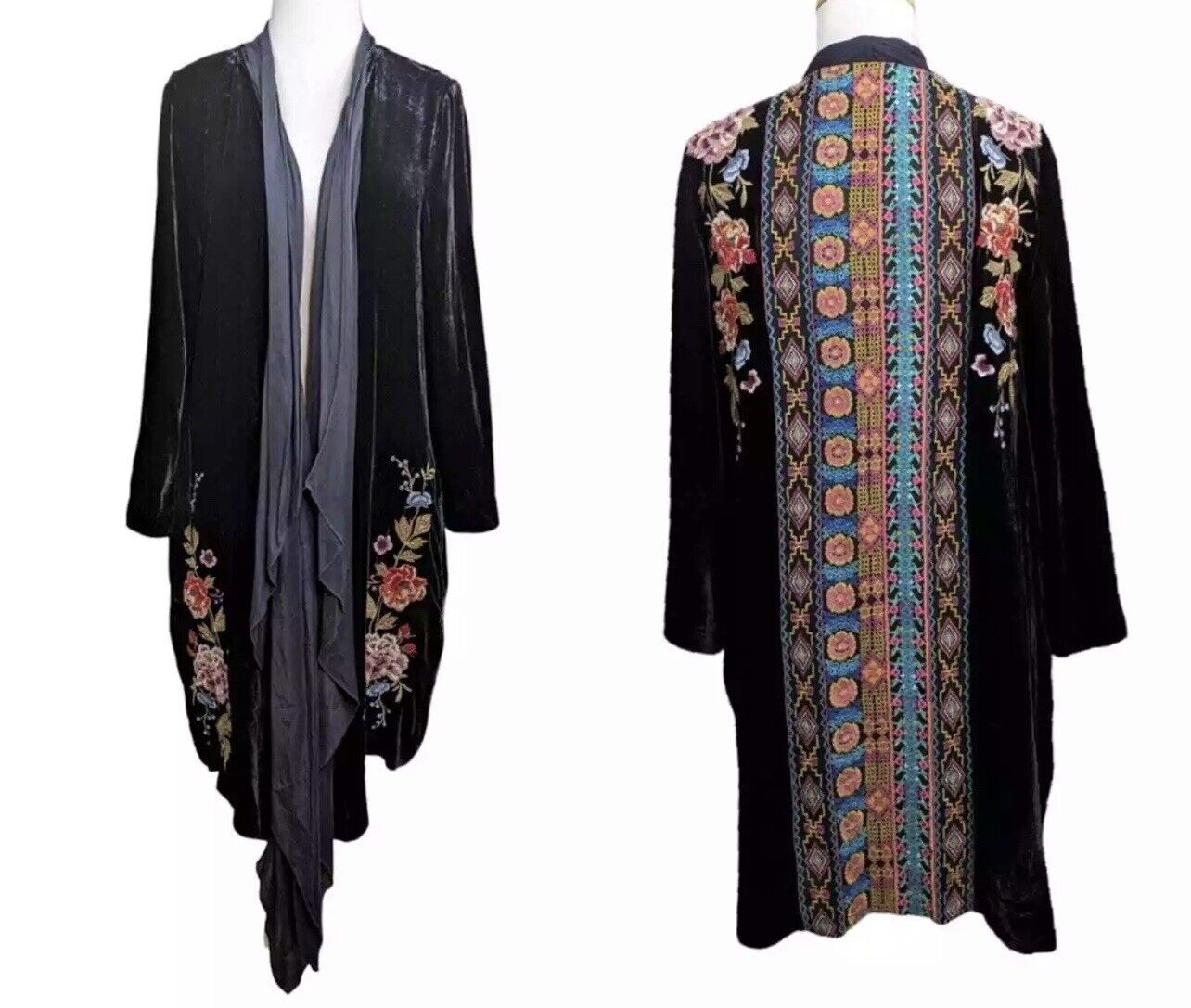 Johnny Was Black Embroidered Velvet & Silk Long Kimono Wrap Large Floral