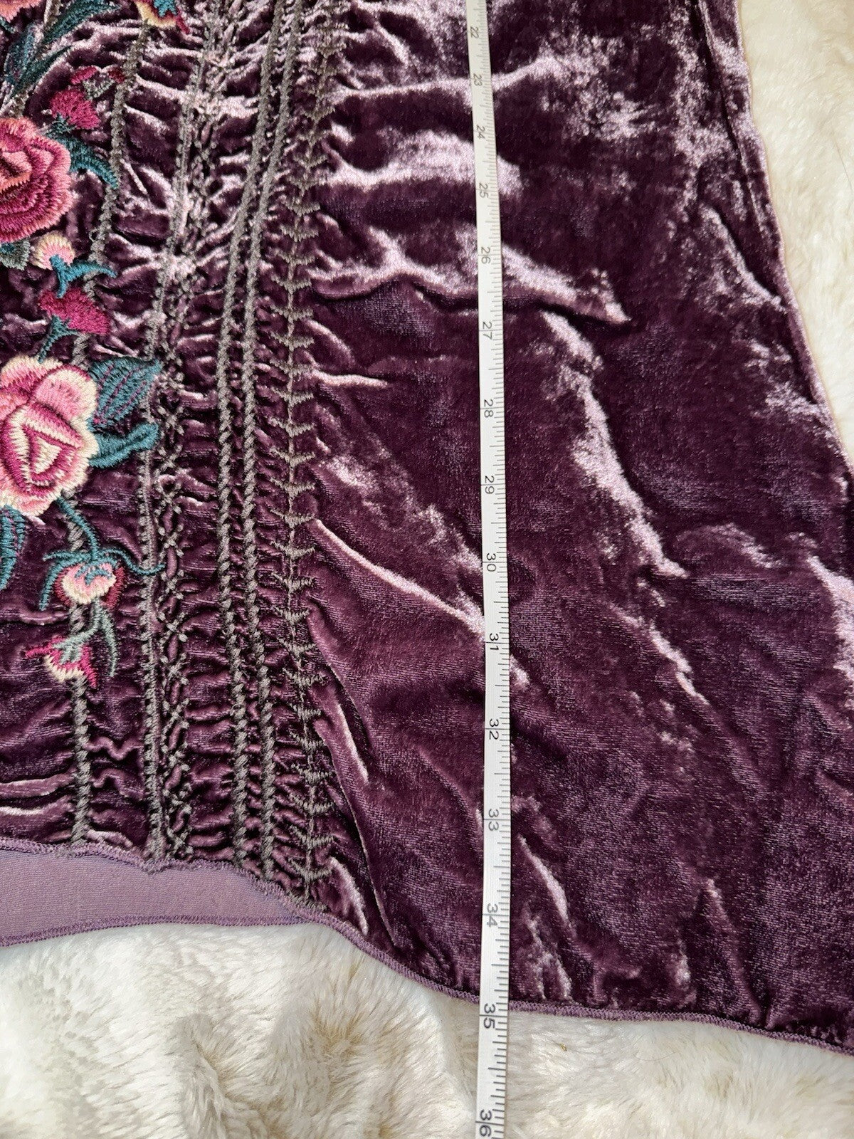 Johnny Was L Large Purple Velvet Embroidered Shift Mini Dress Short Sleeve BOHO Johnny Was