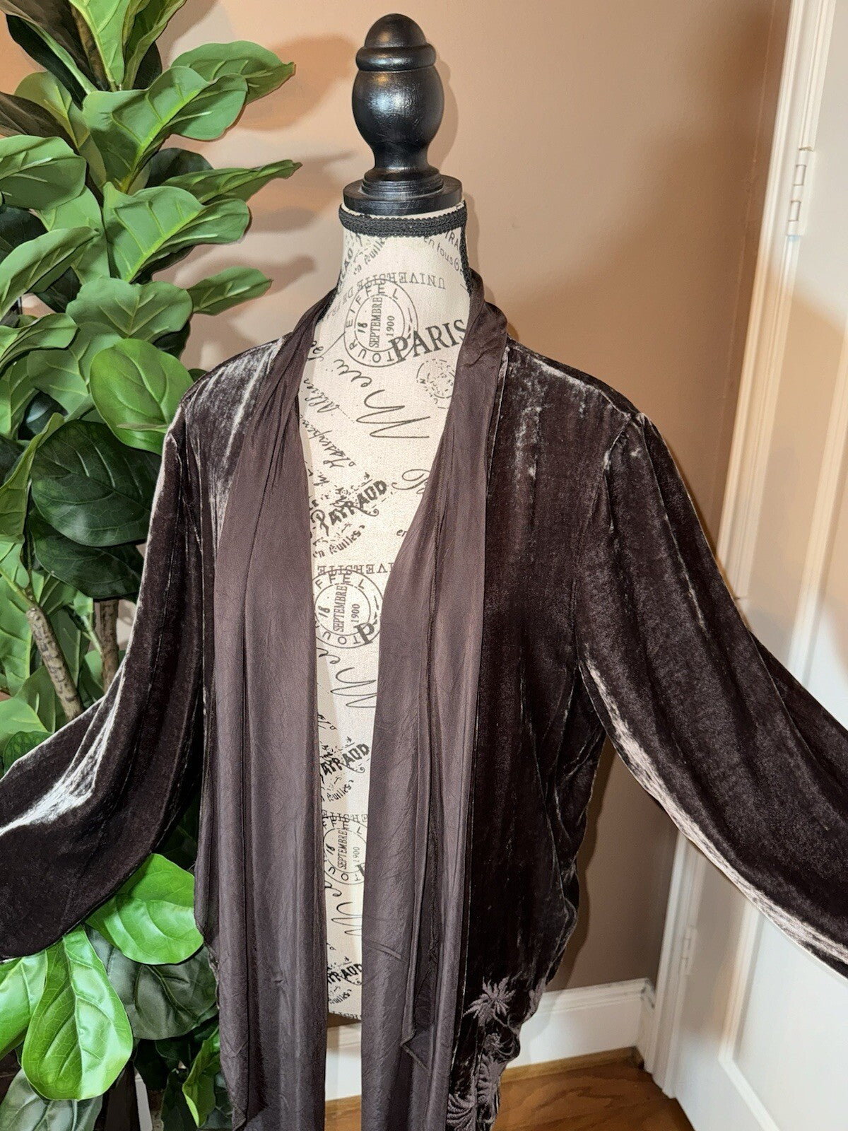 Johnny Was L Brown Velvet & Silk Panel Kimono Embroidery Wrap Cardigan Jacket Johnny Was
