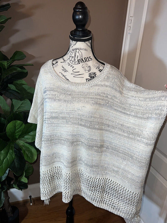 Johnny Was Poncho With Tassels Sweater O/S One Size Cream & Tan  BEACH