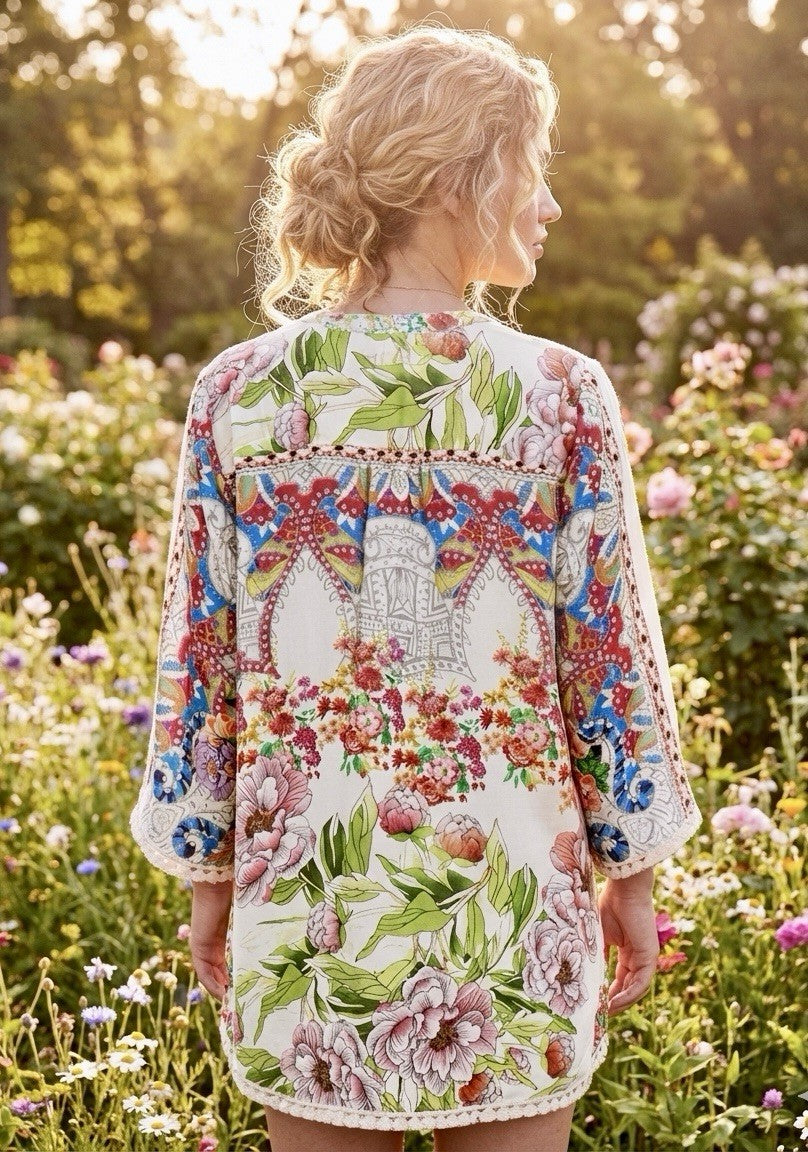 Johnny Was L Large 100% Silk Blouse Tunic Top Shirt Lace Hem Button Up Johnny Was