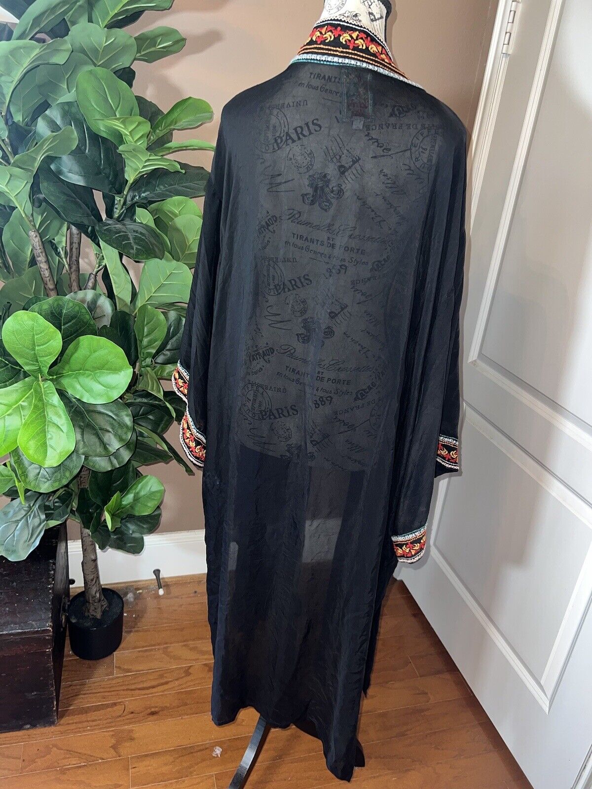 Johnny Was XL 1X Long Kimono Duster Black Pockets Embroidered Wrap Jacket