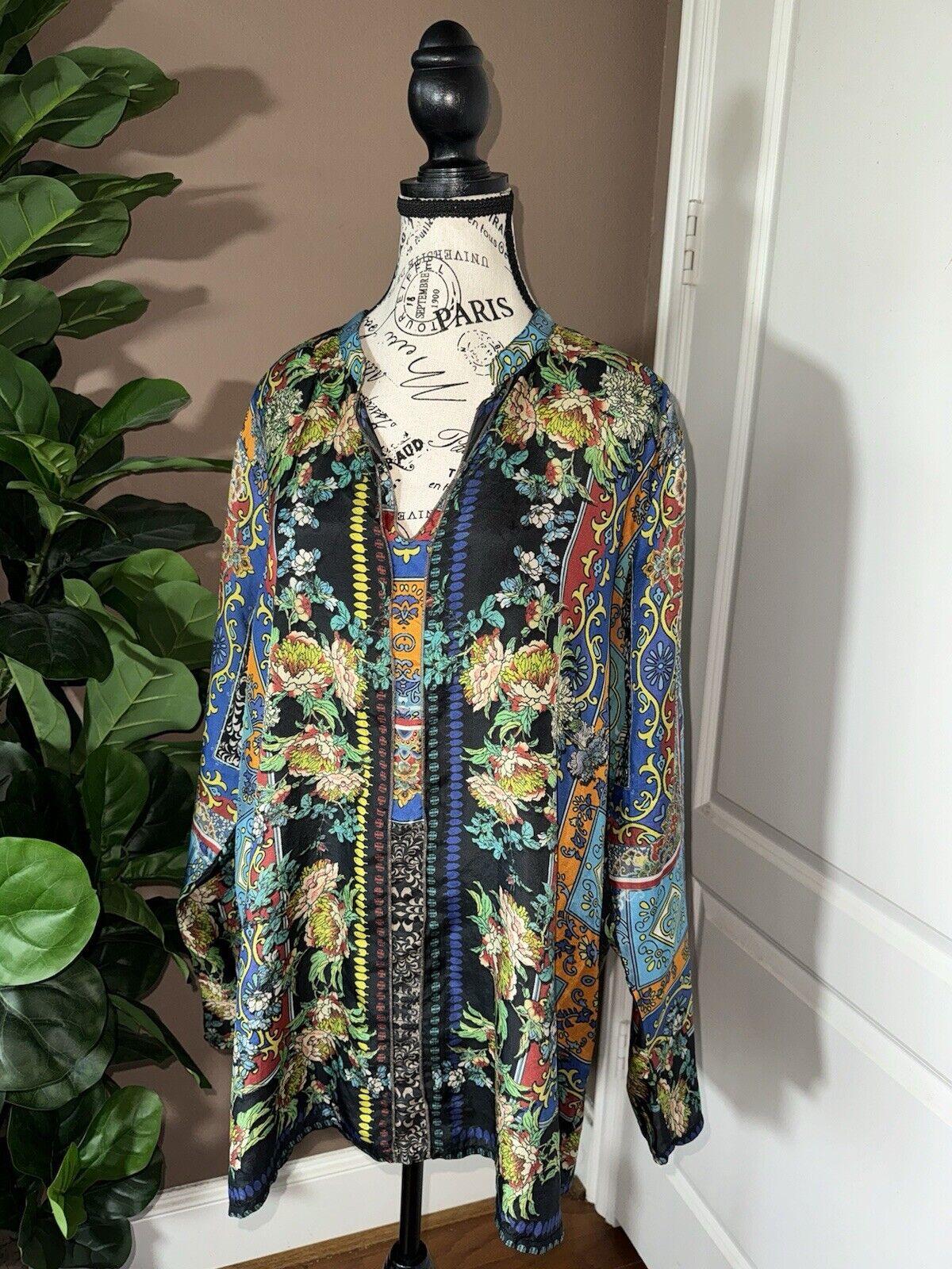 Johnny Was 100% Silk L Large Tunic Top Mini Dress Kimono Sleeves OVERSIZED