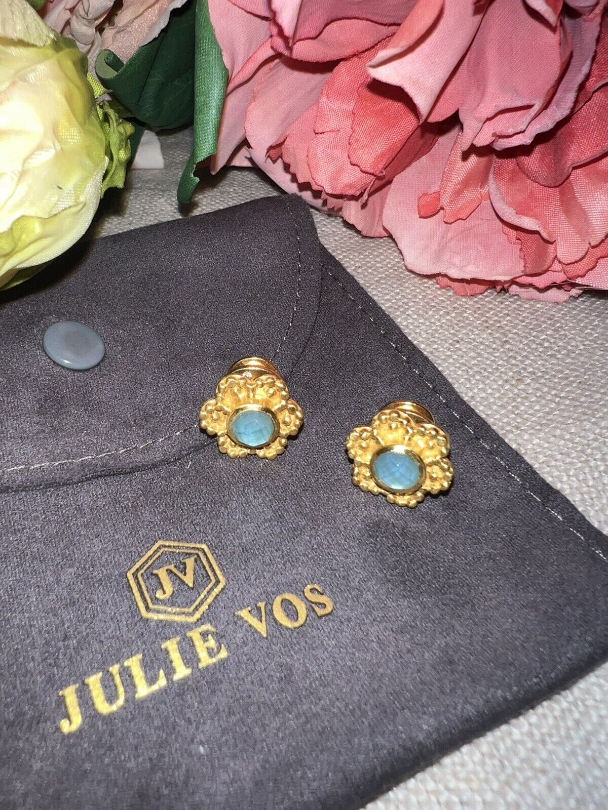 Julie Vos Iridescent Blue Stud Flower Earrings 24k Gold Plated   CLASSIC