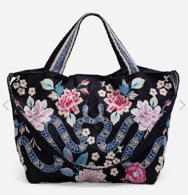Johnny Was Large Black Embroidered Hobo Bag Tote Purse Crossbody Snakes & Roses Johnny Was