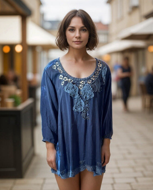 Johnny Was XL Tunic Top Navy Blue Shirt Peasant Blouse Tonal Embroidery Lace Johnny Was