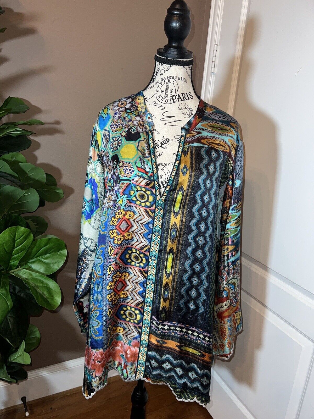 Johnny Was 100% Silk Tunic Top Scalloped Hem Jewel Tone 1XL 1X XL