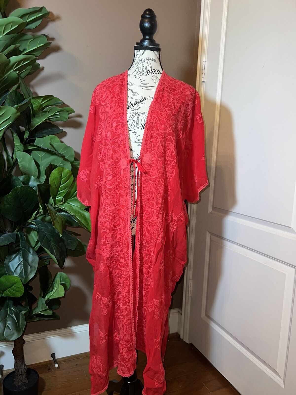 Johnny Was O/S Silky Embroidered Kimono Wrap Dress Cover Up Red Raspberry