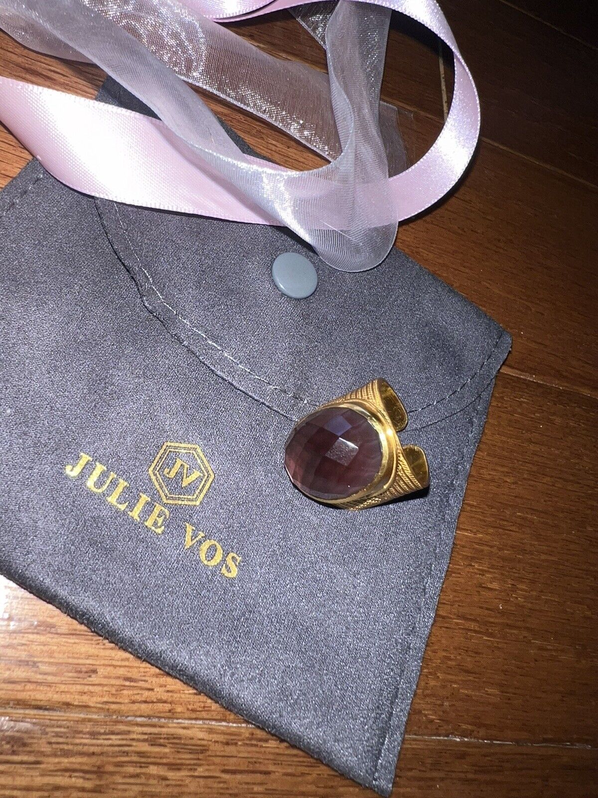 NEW Julie Vos Statement Ring Sz 9 24k Gold Plated W/ Purple Wine Stone NWOT