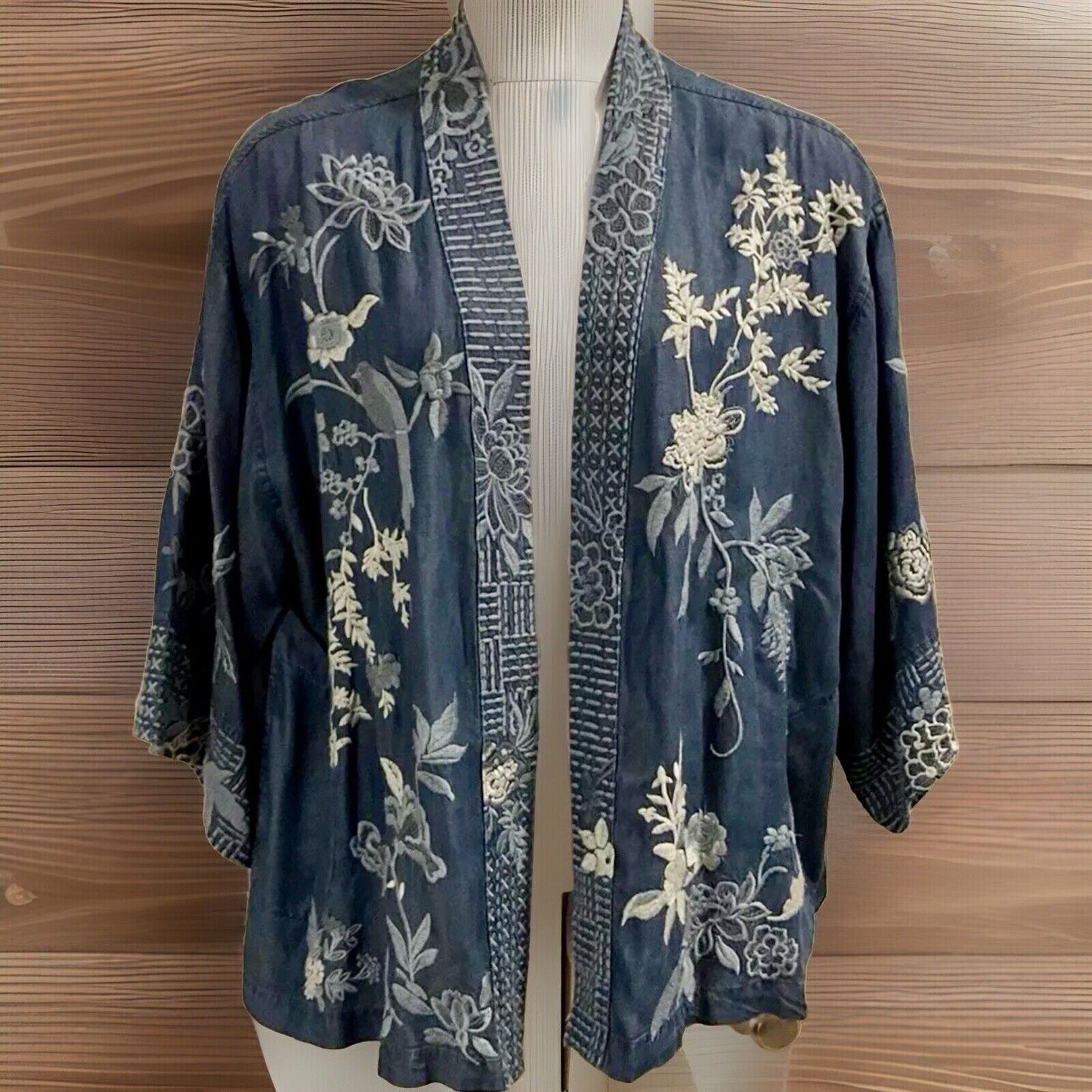 Johnny Was 3X 3XL Denim Kimono Embroidered Jacket Cardigan Wrap Coat Boho