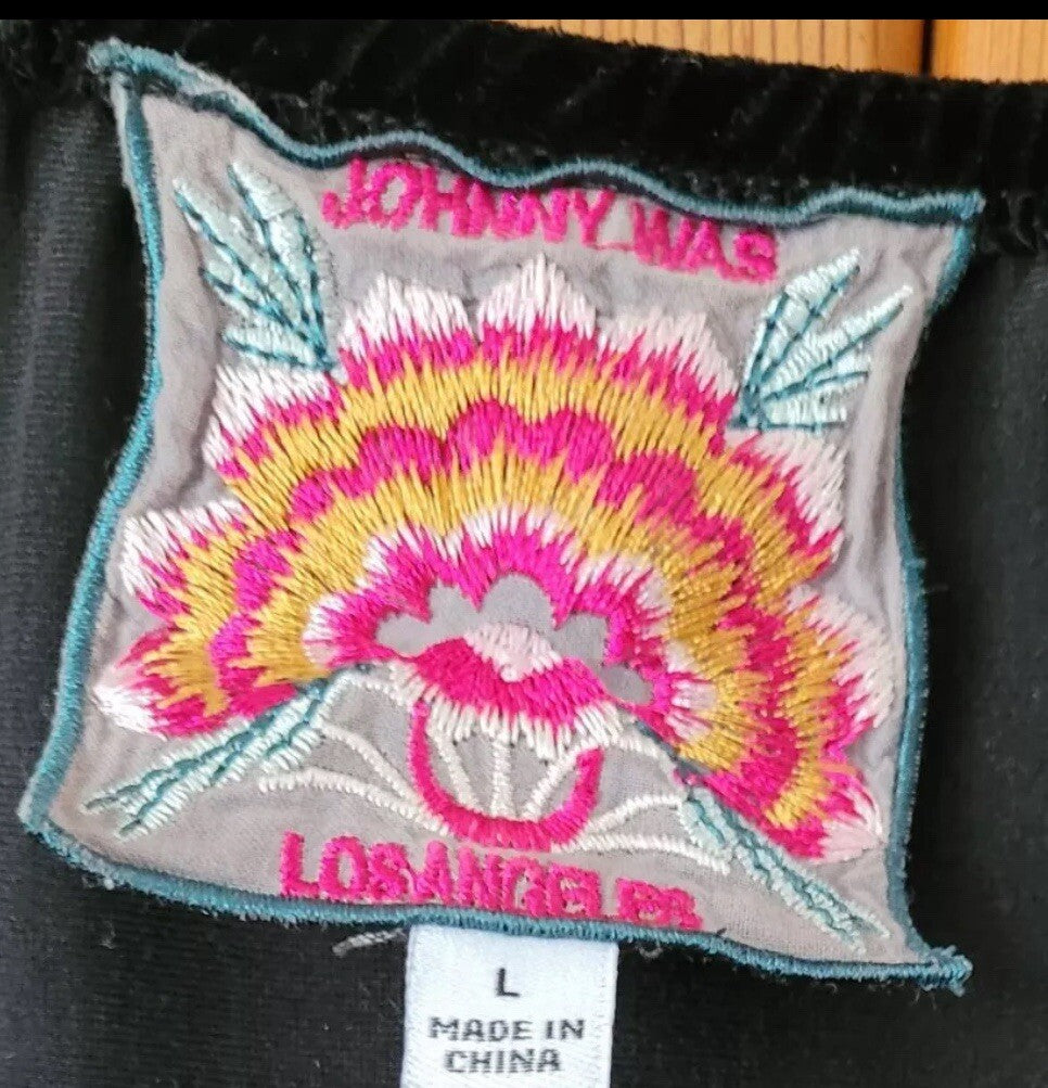 JOHNNY WAS L Large Black Velvet Peasant Blouse Shirt Tunic Top Embroidered Johnny Was
