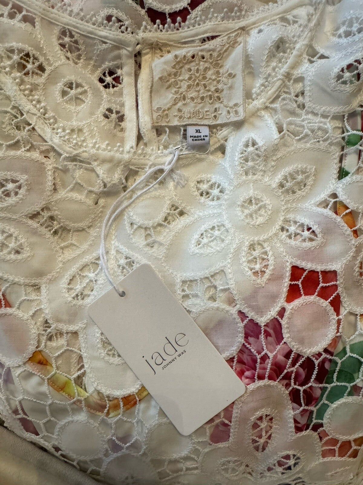 Johnny Was XL White Eyelet Lace Shift Mini Dress & Floral Slip Retail $538 Johnny Was