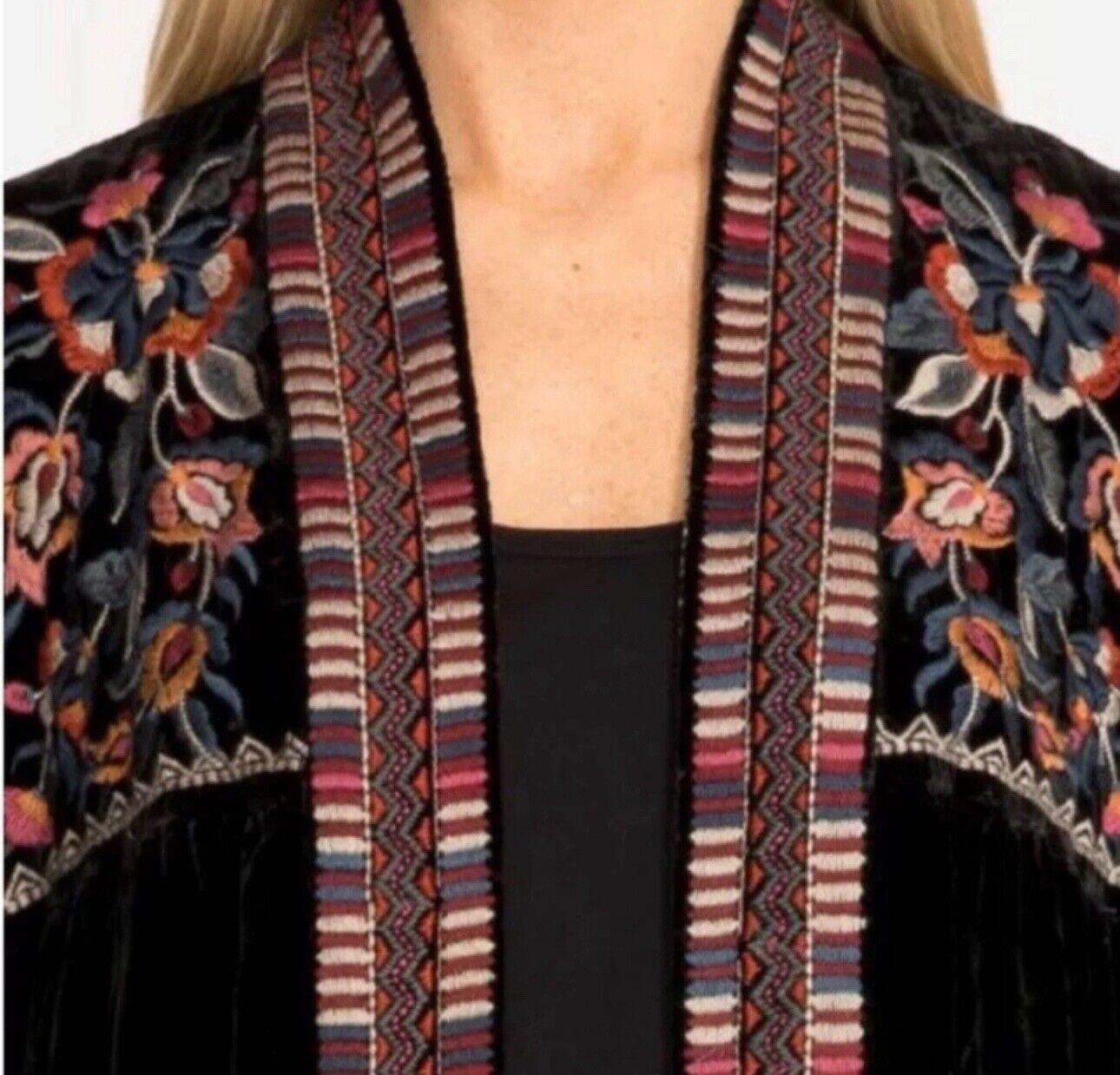 Johnny Was XL 1X Long Black Velvet Kimono Wrap Jacket Duster Oversized  Aztec