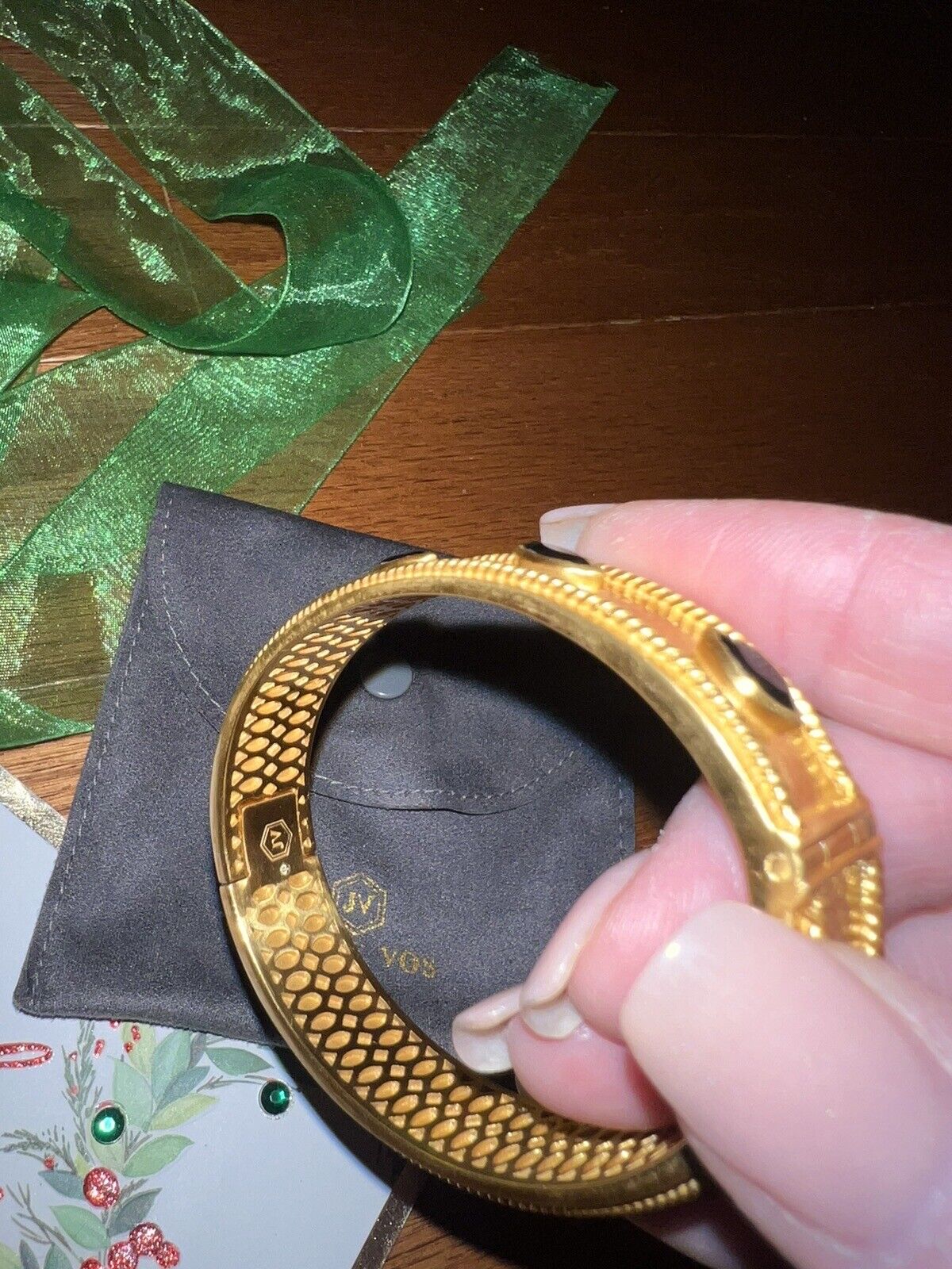 NEW Julie Vos Obsidian & 24k Gold Plate Bangle Hinged Cuff Bracelet NWOT