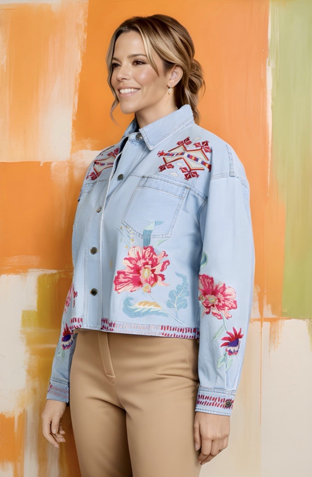 Johnny Was 3X Denim Worker Jacket Coat Lightwash Embroidered Roses Johnny Was