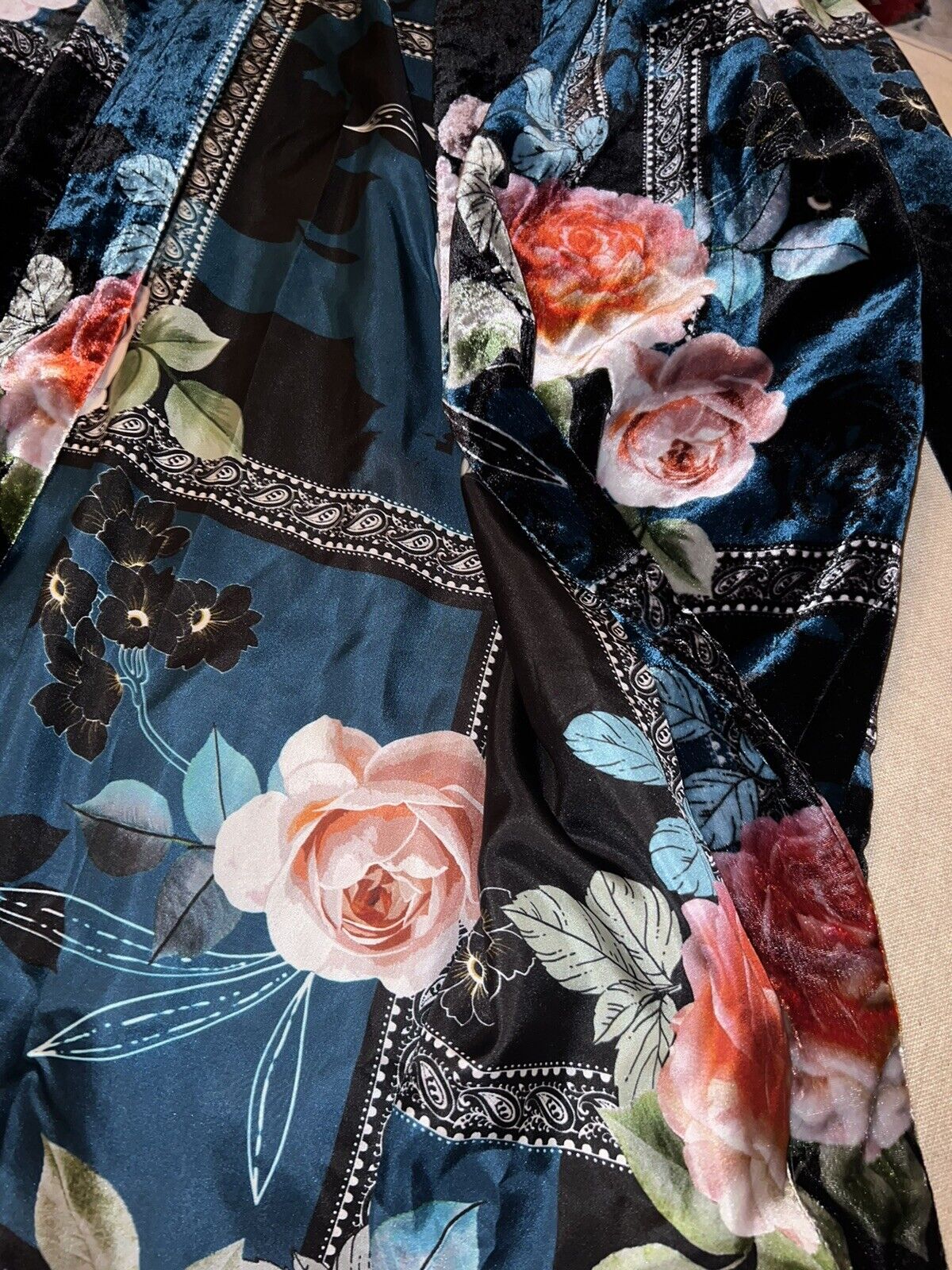 Johnny Was L Velvet & Silk Lined Kimono Wrap Duster Pink & Blue Floral