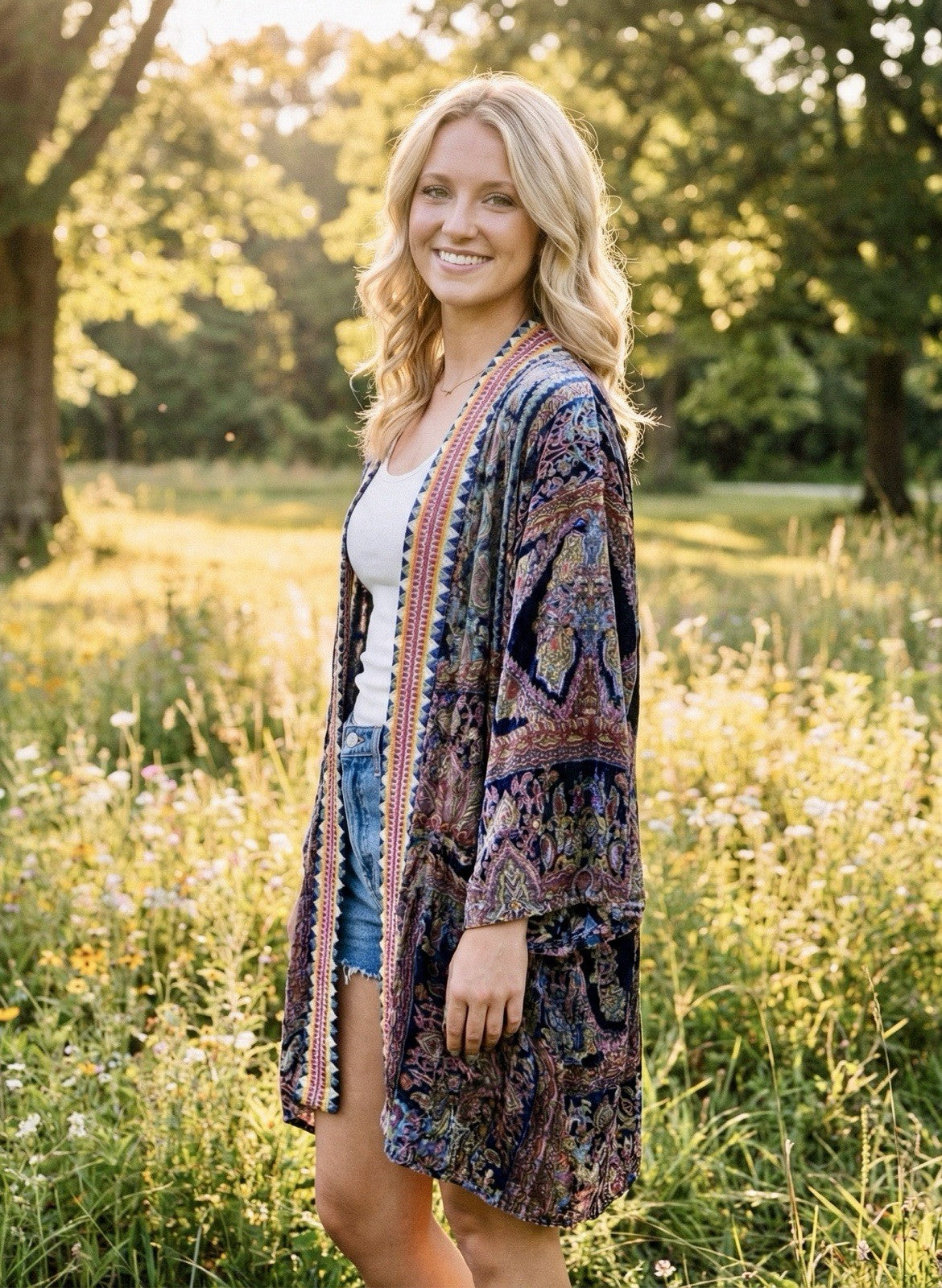 Johnny Was M Medium Burnout Velvet Kimono Duster Wrap Cardigan Jacket Purple Johnny Was