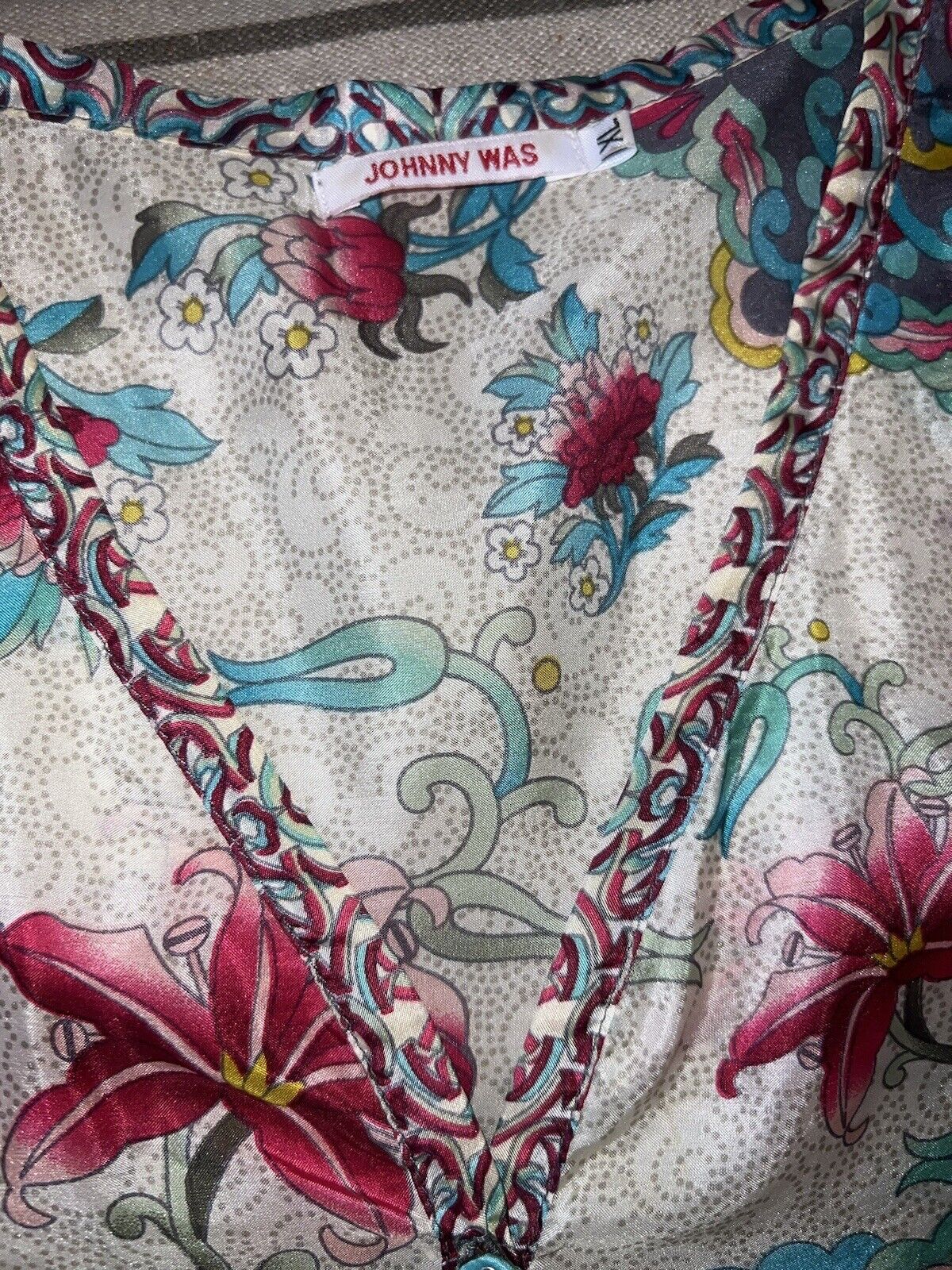 Johnny Was 100% Silk Tunic Top Scalloped Hem Jewel Tone XL 1X Floral