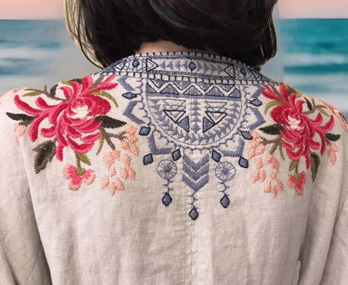 Johnny Was Grey XL Long Kimono Duster Coat Embroidery Linen MISSING BELT Johnny Was