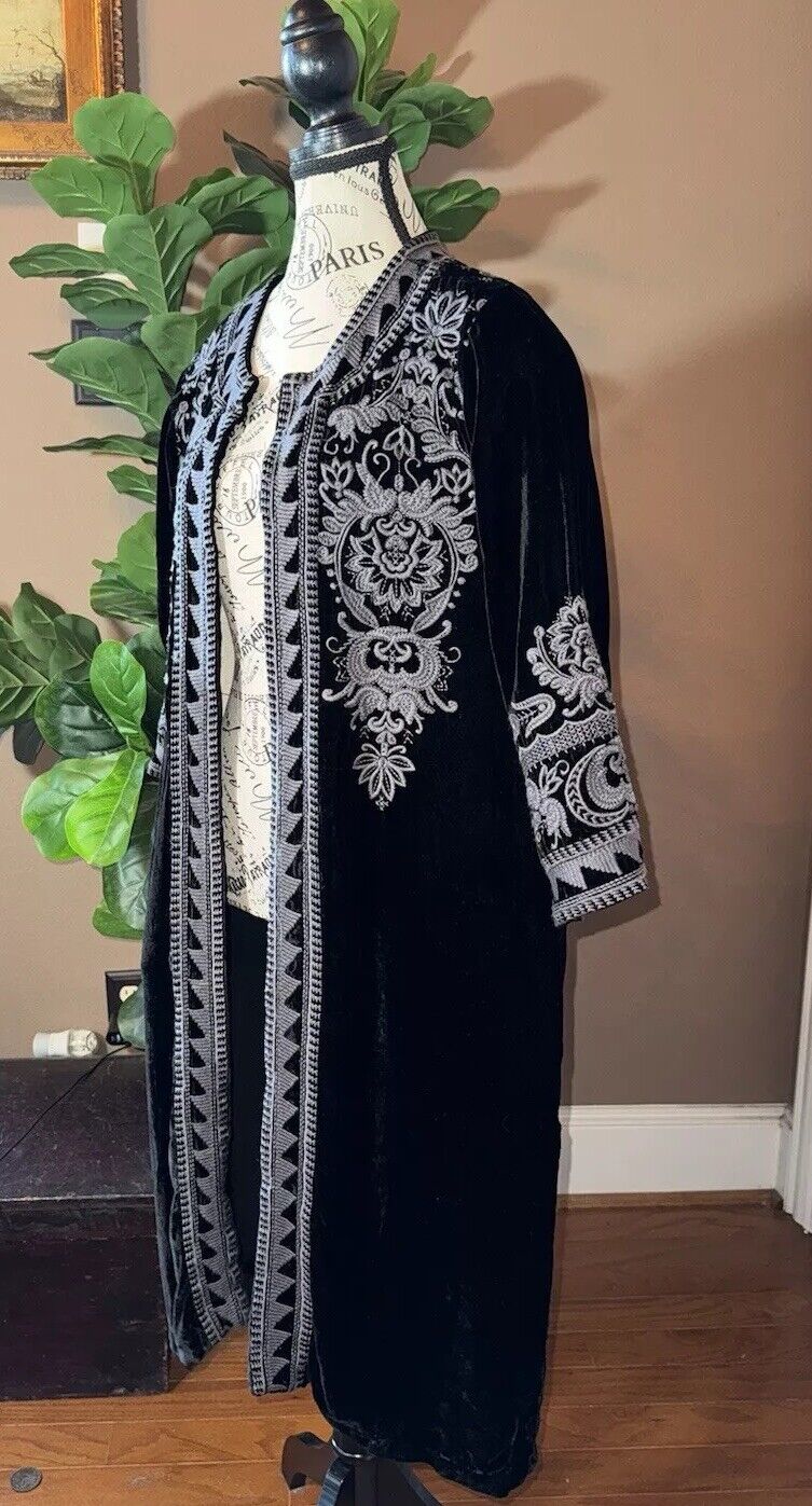 Johnny Was M Long Black Velvet Kimono Wrap Jacket Duster Embroidery Oversize