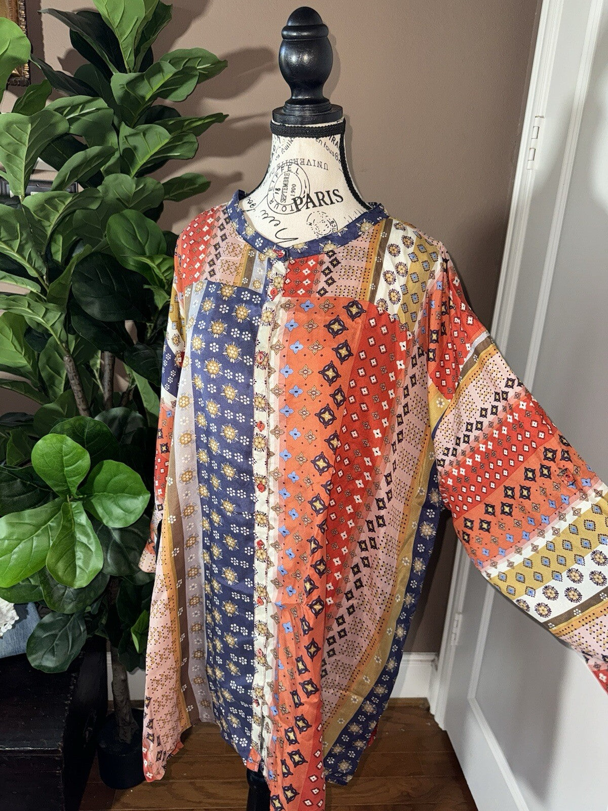 Johnny Was 3X 3XL 100% Silk Tunic Top Button Up Blouse Shirt Lightweight Cool Johnny Was