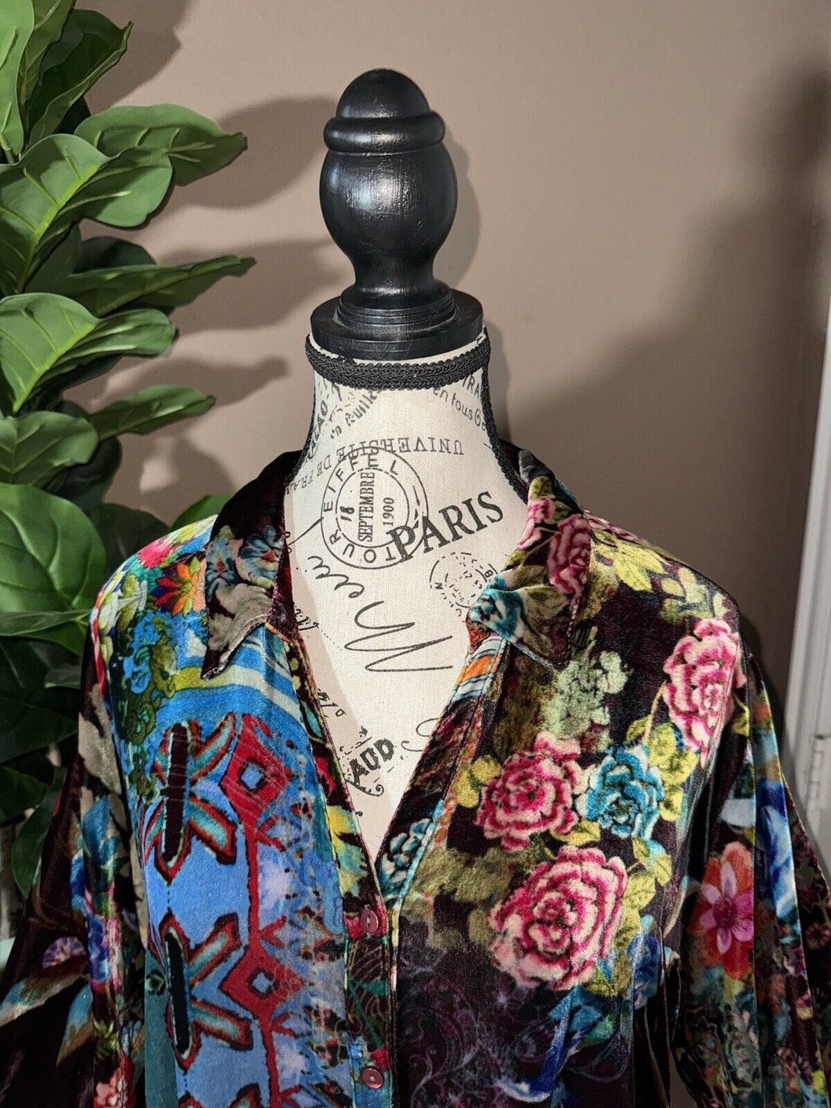 Johnny Was XL Velvet Jewel Tone Kimono Long Sleeve Button Up Shirt Top