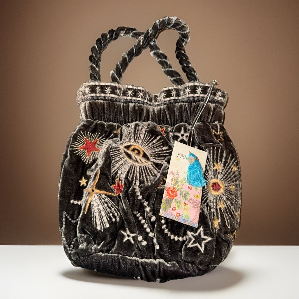 Johnny Was Brown Velvet Bucket Bag Purse Tote Embroidered Celestial Johnny Was