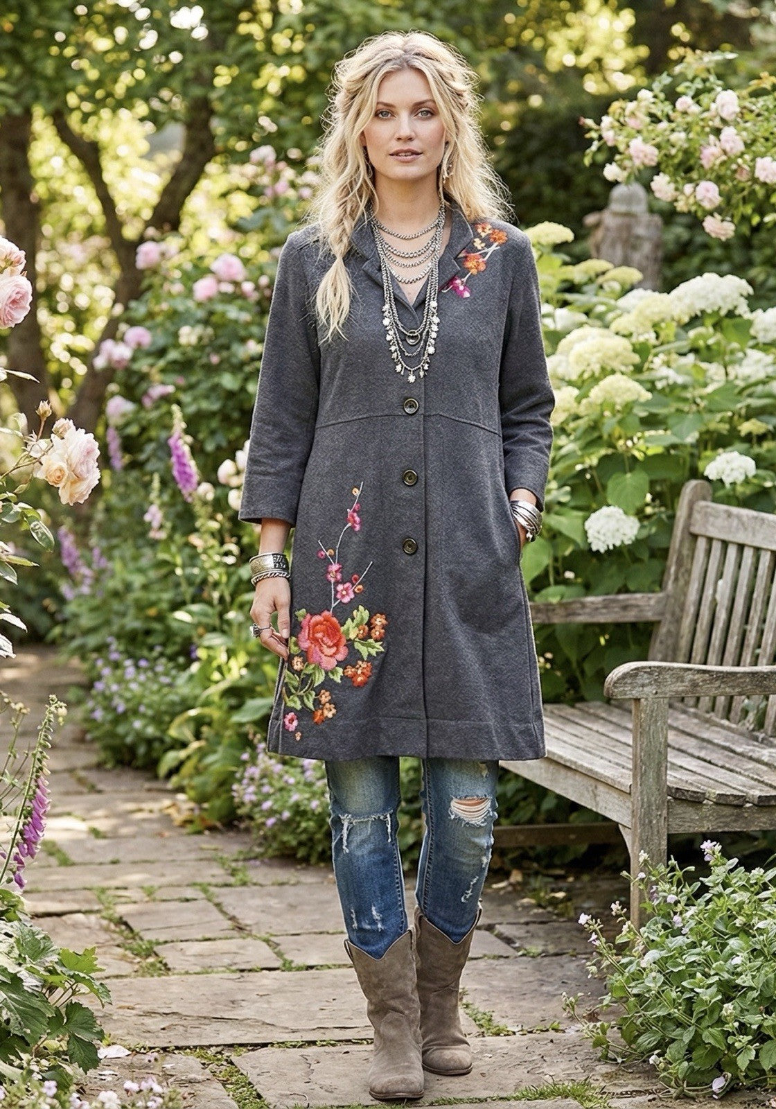 Johnny Was 1X Charcoal Military Style Coat Jacket Wrap Embroidered Soft & Warm Johnny Was