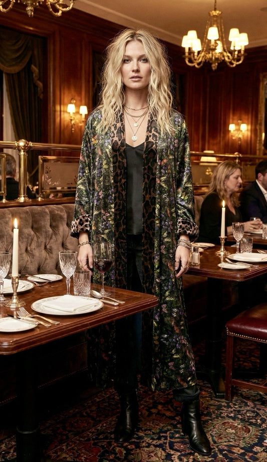Johnny Was L Velvet & Silk Long Kimono Duster Butterflies & Leopard Print Johnny Was