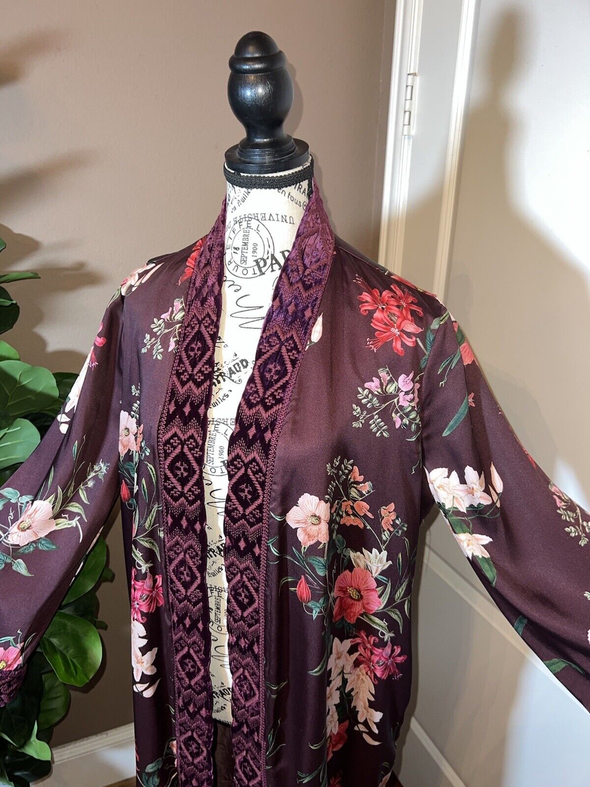 Johnny Was Silk Lined Long Kimono Duster Wrap M Medium Velvet Trim Pockets