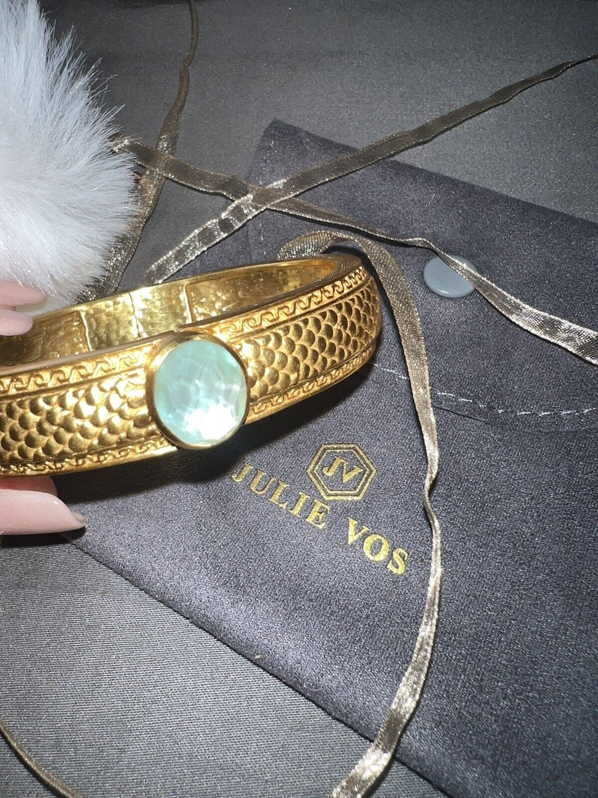 Julie Vos Hinged Bangle with Bahamian Blue Stone & 24k Plated  RETIRED