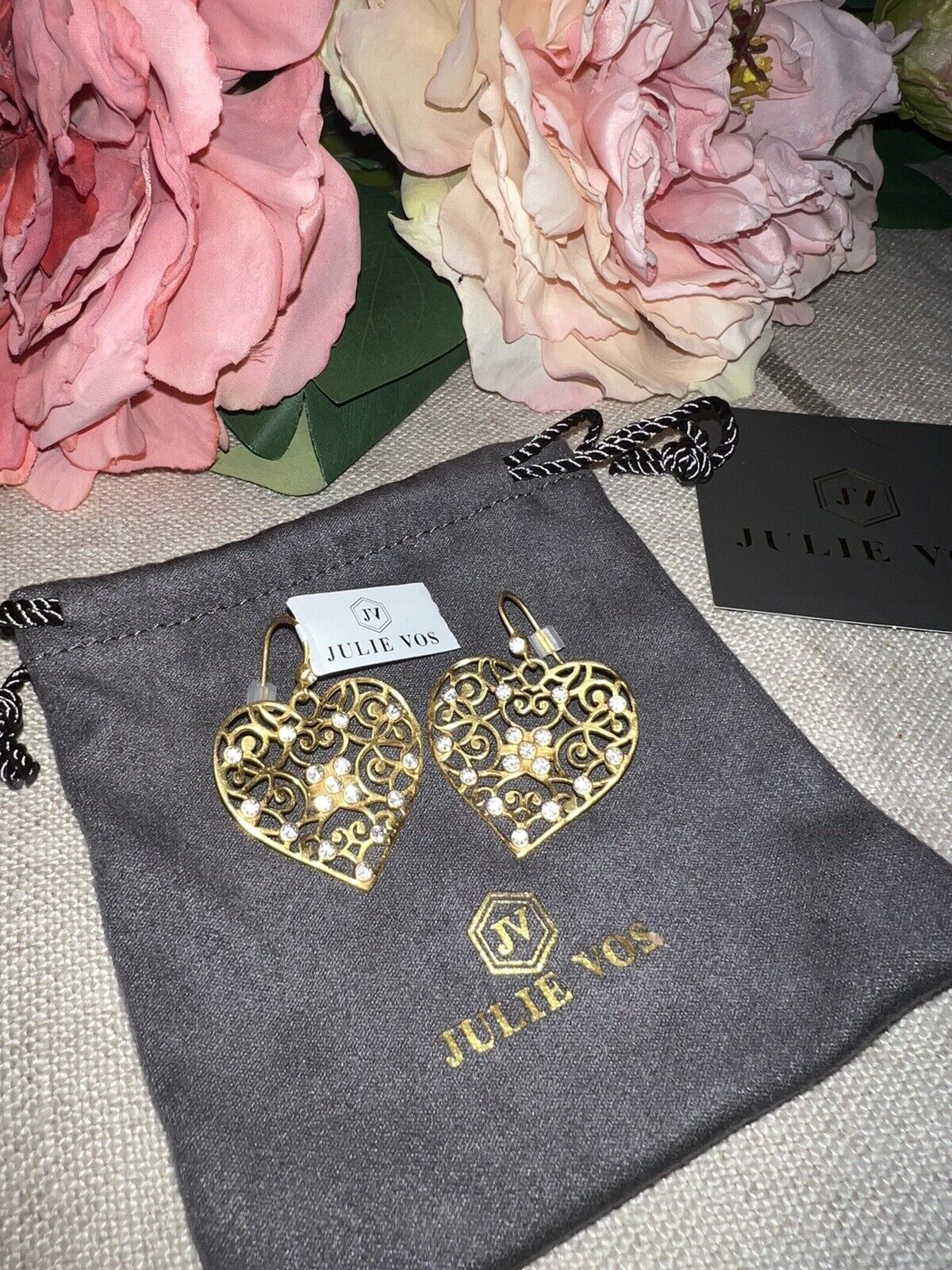 Julie Vos Heart Earrings CZ Embellished 24k Gold Plated Luxe statement